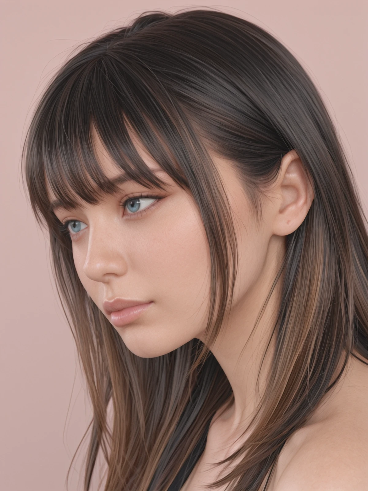 nanami \(doax vv\),long hair,two-tone hair,brown hair,black hair,blue eyes,lips,