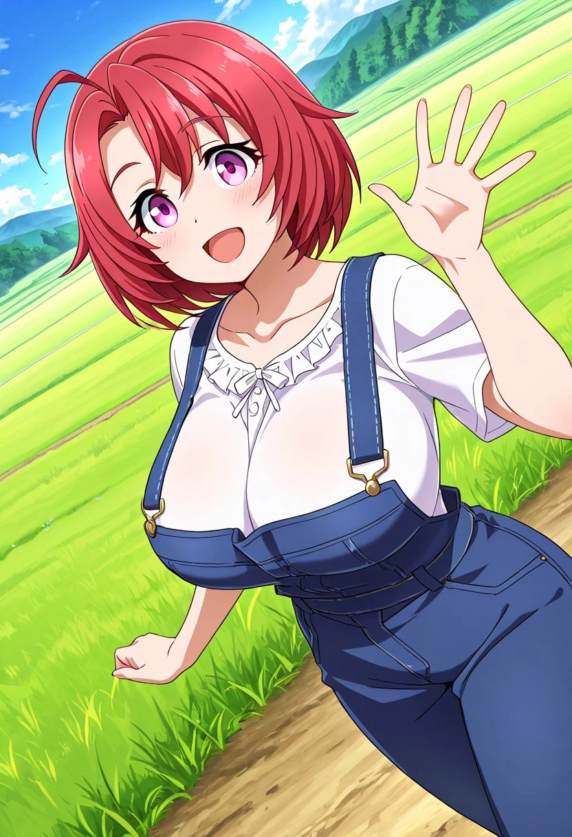 ((masutepiece, Best Quality, hight resolution, nffsw, Perfect Pixel, depth of fields, 4K, )), 1girl in, Solo, , Beautiful anime girl, Beautiful Art Style, close up, Looking at Viewer, Perfect body, Yuigahama Yui, Short hair, pink hair, hairbun, (large boob), smiling, overalls, one breast out, breast, nipple, hands on hips, blank white background, cowboy shot