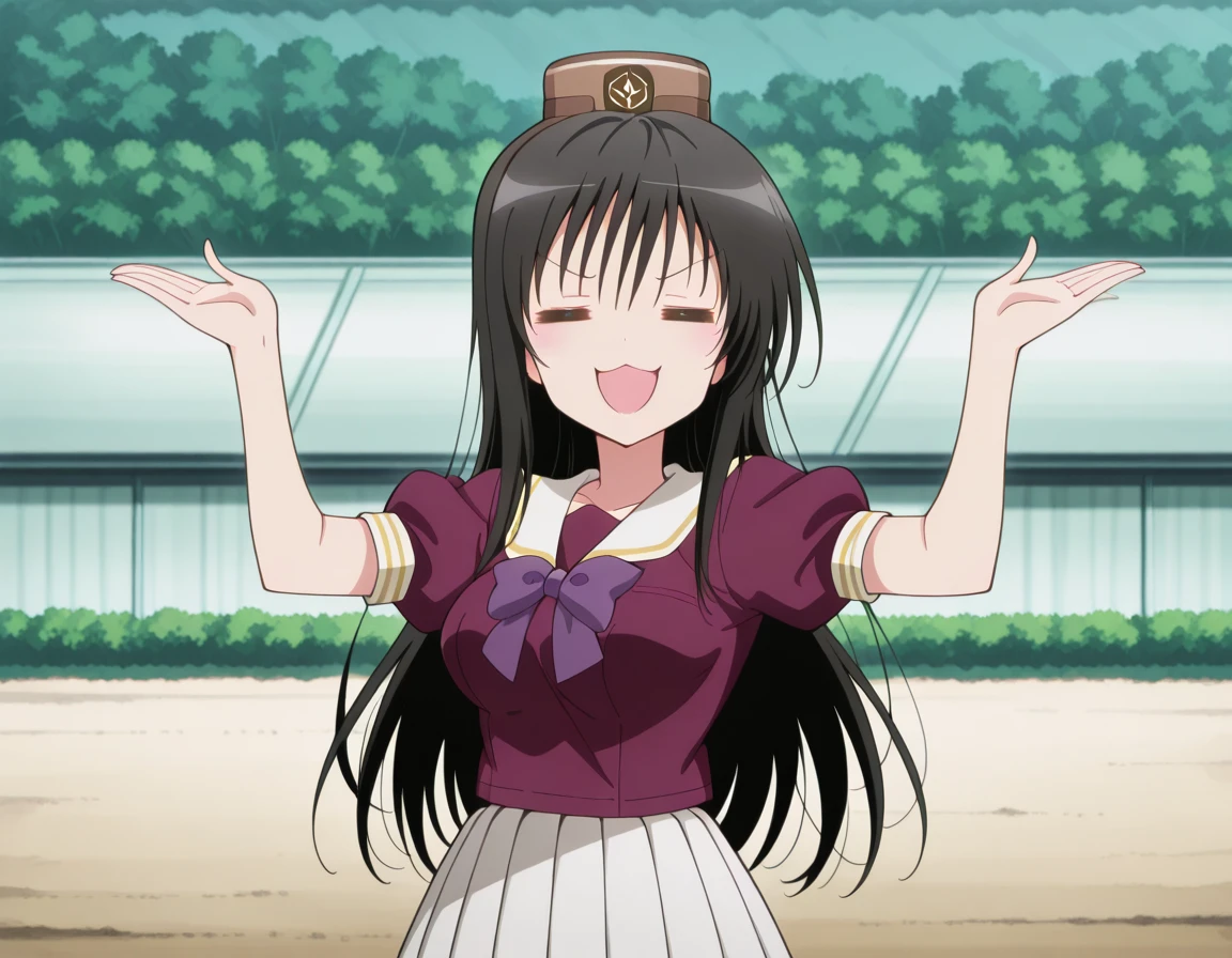 masterpiece, best quality, amazing quality,, <lora:yui-kotegawa-darkness-illustriousxl-lora-nochekaiser:1>, yui kotegawa, black hair, long hair, breasts, anime screencap, <lora:gold-ship-radar-alert-illustriousxl-lora-nochekaiser:1>, gold ship radar alert, = =, solo, smile, open mouth, smug, looking at viewer, straight-on, shirt, skirt, hat, bow, closed eyes, short sleeves, outdoors, pleated skirt, puffy sleeves, bowtie, sailor collar, puffy short sleeves, white skirt, parody, purple bow, purple shirt, brown headwear, sailor shirt, purple bowtie, pillbox hat, hands up, , , ,