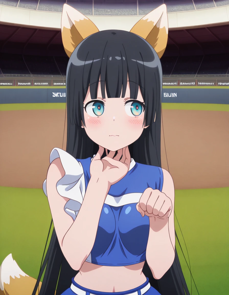 masterpiece, best quality, amazing quality,, <lora:akemi-souryuuin-s1-illustriousxl-lora-nochekaiser:1>, akemi souryuuin, long hair, bangs, black hair, very long hair, blunt bangs, aqua eyes, hime cut, mature female, medium breasts, anime screencap, <lora:kitsune-dance-illustriousxl-lora-nochekaiser:1>, kitsune dance, cheerleader, layered skirt, paw pose, fox ears, white belt, fox tail, baseball stadium, blue shirt, blue skirt, crop top, sleeveless shirt, midriff, <lora:stroking-anothers-chin-pov-illustriousxl-lora-nochekaiser:1>, stroking another's chin pov, stronking another's chin, pov, pov hands, blush, upper body, looking to the side,, ,