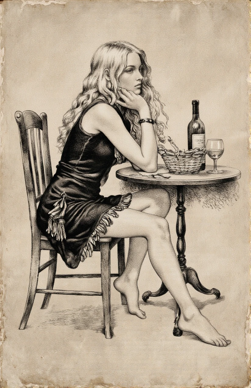 VanZoura style. A black and white ink sketch of a woman sitting at a table with a contemplative expression. the woman, who appears to be in her mid-twenties, has long, wavy blonde hair and is wearing a sleeveless dress with fringes. she is seated in the middle of the image, with her legs crossed and her feet bare. her hands are resting on her chin, and she is looking off into the distance with a thoughtful expression. on the table in front of her, there is a bottle of wine, a glass of water, and a basket. the background is a plain, beige-colored paper with a rough, uneven texture. the sketch is done in a realistic style with careful attention to detail in shading and texture.
1girl, solo, long hair, dress, sitting, full body, white hair, frills, barefoot, bracelet, bare legs, chair, table, bottle, wine glass, basket, bare feet, sitting on chair, fringed dress, wine bottle
camera_angle: from side, art_style: ink sketch, location: indoor, background: plain beige paper with uneven texture, text: NA, distance_to_camera: upper body, clothing: black dress with fringe details, image_composition: middle, pants: n/a, accessory: wine bottle, glasses, shoes: barefoot.