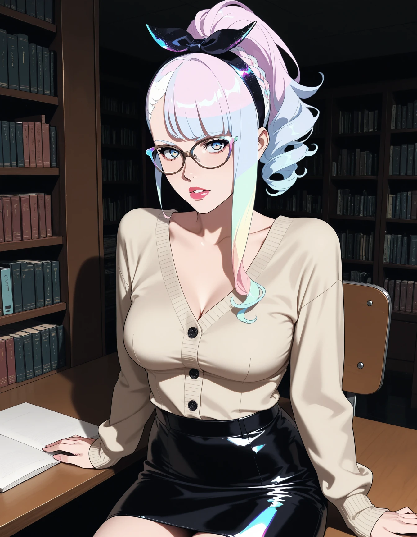 1girl, cowboy shot, leather pencil skirt, iridescent glitter lips, horn-rimmed glasses, cardigan, indoors, library, sitting, desk, high ponytail, braid bow, upper body, hairband, hairbow, parted lips, medium breasts <lora:Rockabilly-ILXL-000005:1> looking at viewer, sideglance, <lora:Char_cp2077-Lucy-ILXL:0.85> ERLucy, 1girl, multicolored hair, asymmetrical hair masterpiece, best quality, very aesthetic, newest