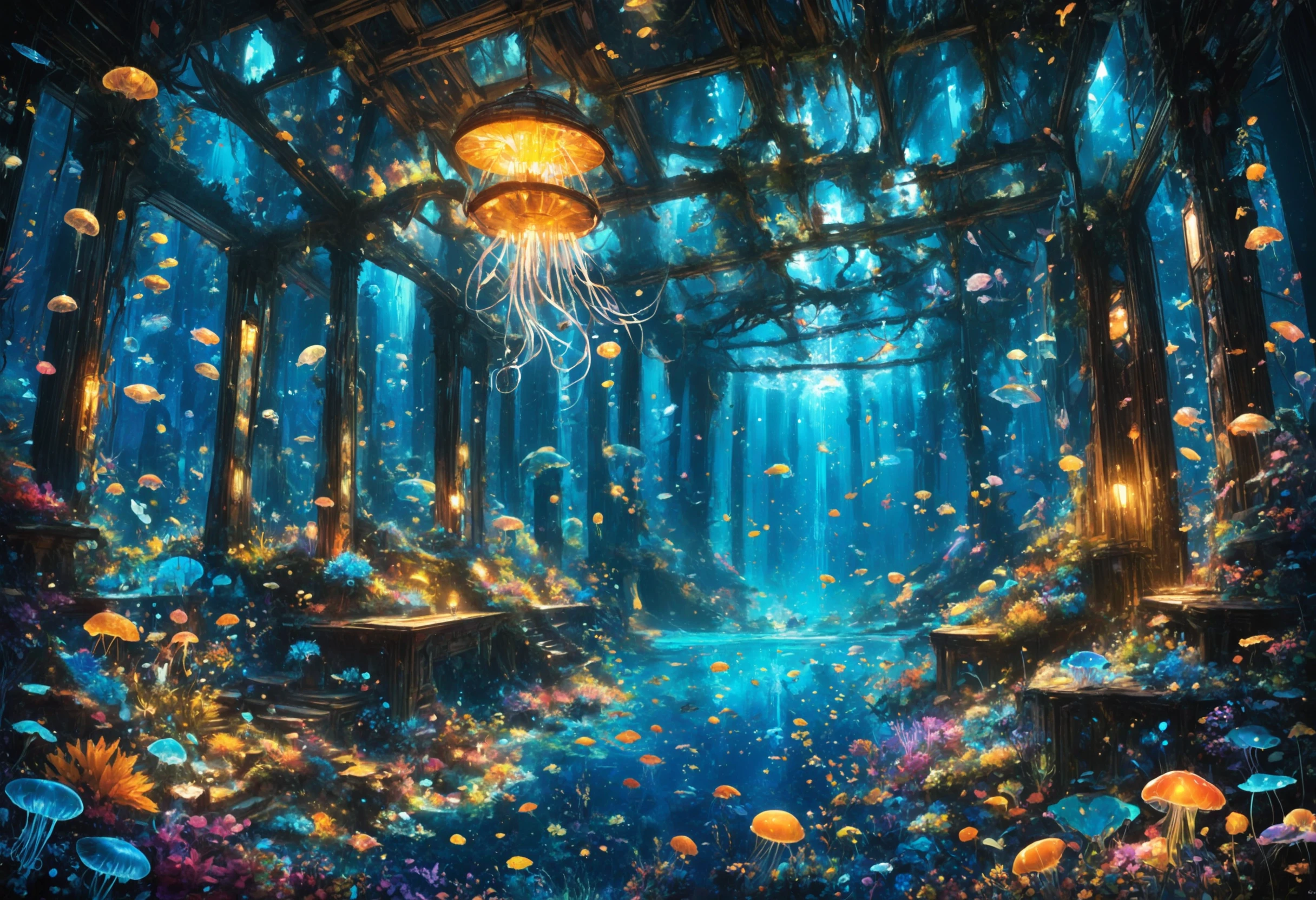 rating_safe, breathtaking detailed, masterpiece, absurdres, awe-inspiring, best quality, vibrant colors, A dreamlike underwater forest, BREAK, kelp trees with golden leaves wave in the current, BREAK, a small wooden house rests on the seafloor surrounded by glowing jellyfish, BREAK, expressive lighting, anime-inspired style, BREAK, whimsical and surreal <lora:sdxl_CrazyLandscapes.safetensors:1.0:1.0>