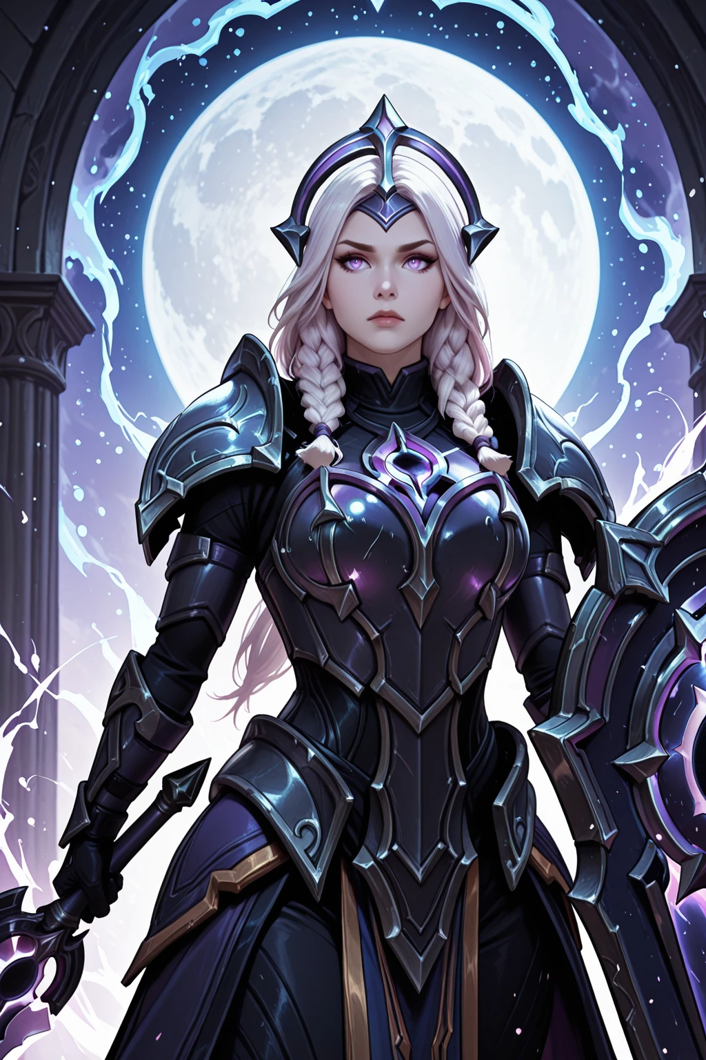masterpiece, good quality, best quality, very awa, very as2, absurdres, highres
<lora:Leona LunarilluLoRA:1>Lunleo, pale skin, long hair, white hair, twin braids, forehead protector, headgear, Purple eyes, gorget, grey pauldrons, black Shirt, breastplate, (purple tinted armor:0.5), Purple armlet, gautlets, black gloves, faulds, pelvis curtain, waist cape, black pants, armored legwear, cowboy shot, serious, holding purple sword, holding shield, starry sky, blue aura, moon