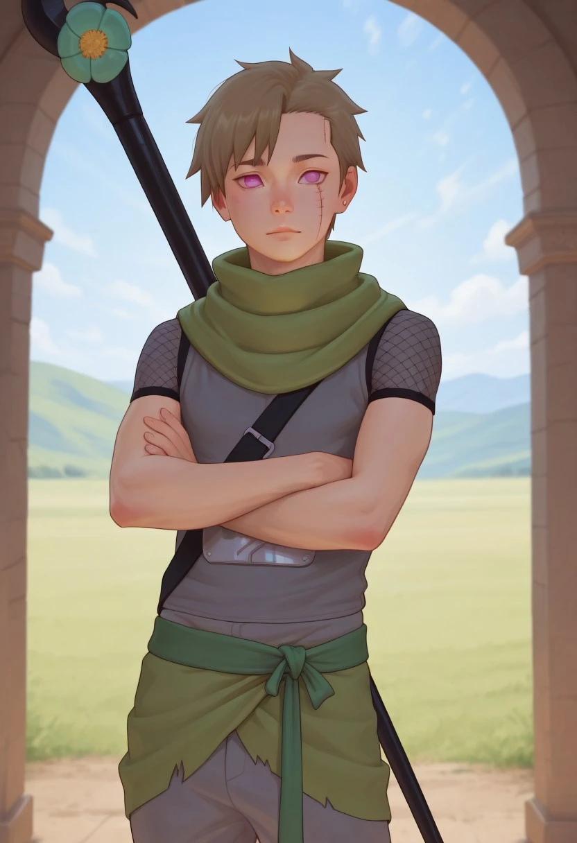 masterpiece, high quality, best quality, amazing quality, very aesthetic, absurdres, ultra-detailed, extremely detailed, realistic, volumetric lighting, (male focus, male only), day, depth of field, JackDraws, 1boy, solo, male focus, cute boy, Yagura, Pink Eyes, Brown Hair, Scar under eye, Scarf, Grey Sleeveless vest, short sleeve fishnet shirt, green sash belt, Green half skirt, grey pants, staff on back, black staff, hooked staff, arms crossed, masterpiece, best quality, amazing quality, very aesthetic, absurdres, newest, very awa, nude, cute boy, lean, athletic, runner build, photo-realistic detail, atmosphere focused, expressive lighting