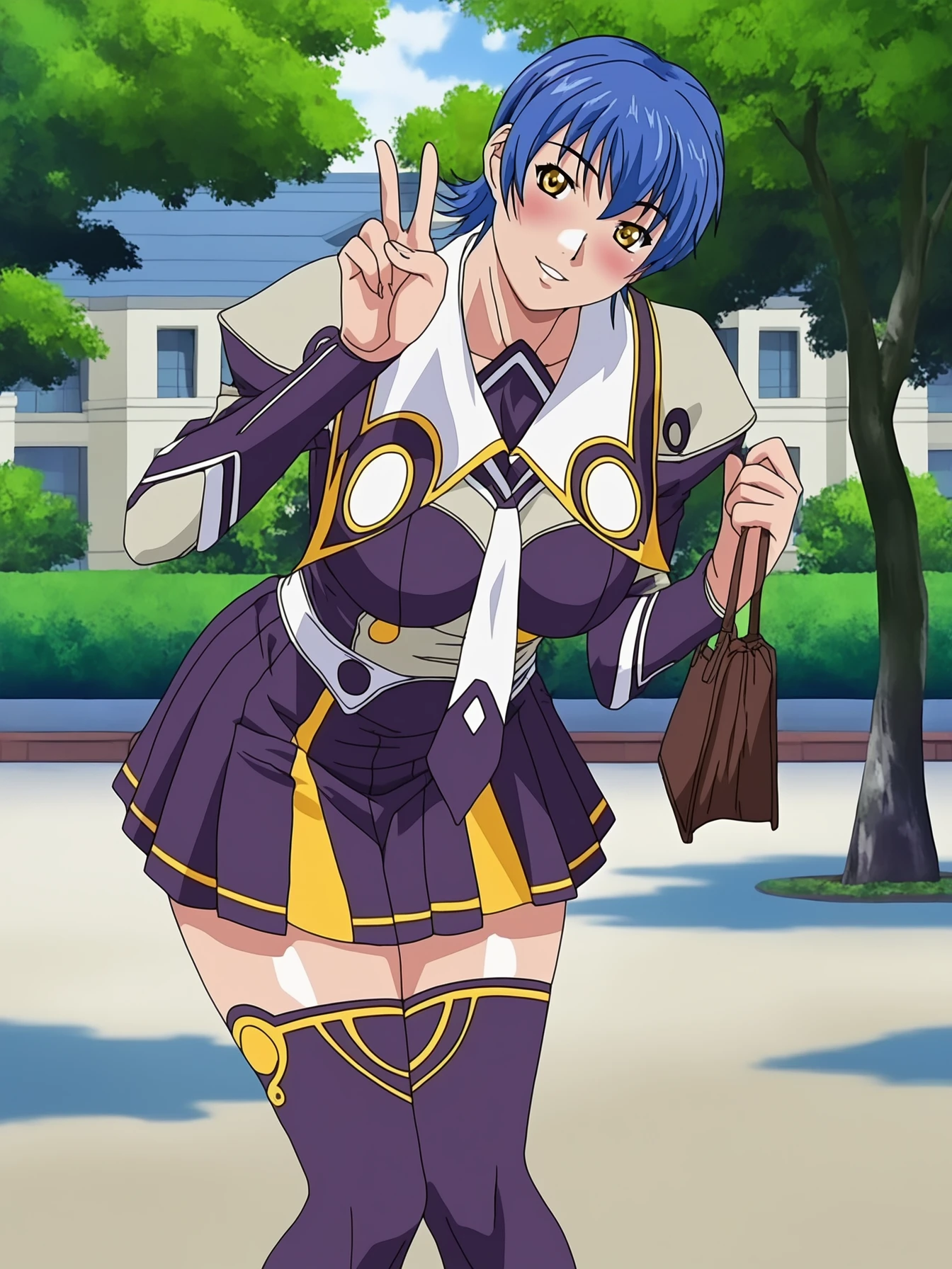 masterpiece, best quality, highres, absurdres, newest, game cg, anime screenshot,
miyagishi yuuki, 1girl, feet out of frame, solo, holding bag, V, hands up, handbag,
looking at viewer, blush, parted lips, smile, head tilt,
blue hair, short hair, yellow eyes,
purple school uniform, two-tone jacket, necktie, pleated skirt, purple thighhighs, yellow trim,
large breasts, thighs, curvy,
outdoors, blue sky, day, sidelighting, shadow, tree, garden, building, detailed background
<lora:miyagishi yuuki NoobAIXL Epsilon IL:1>