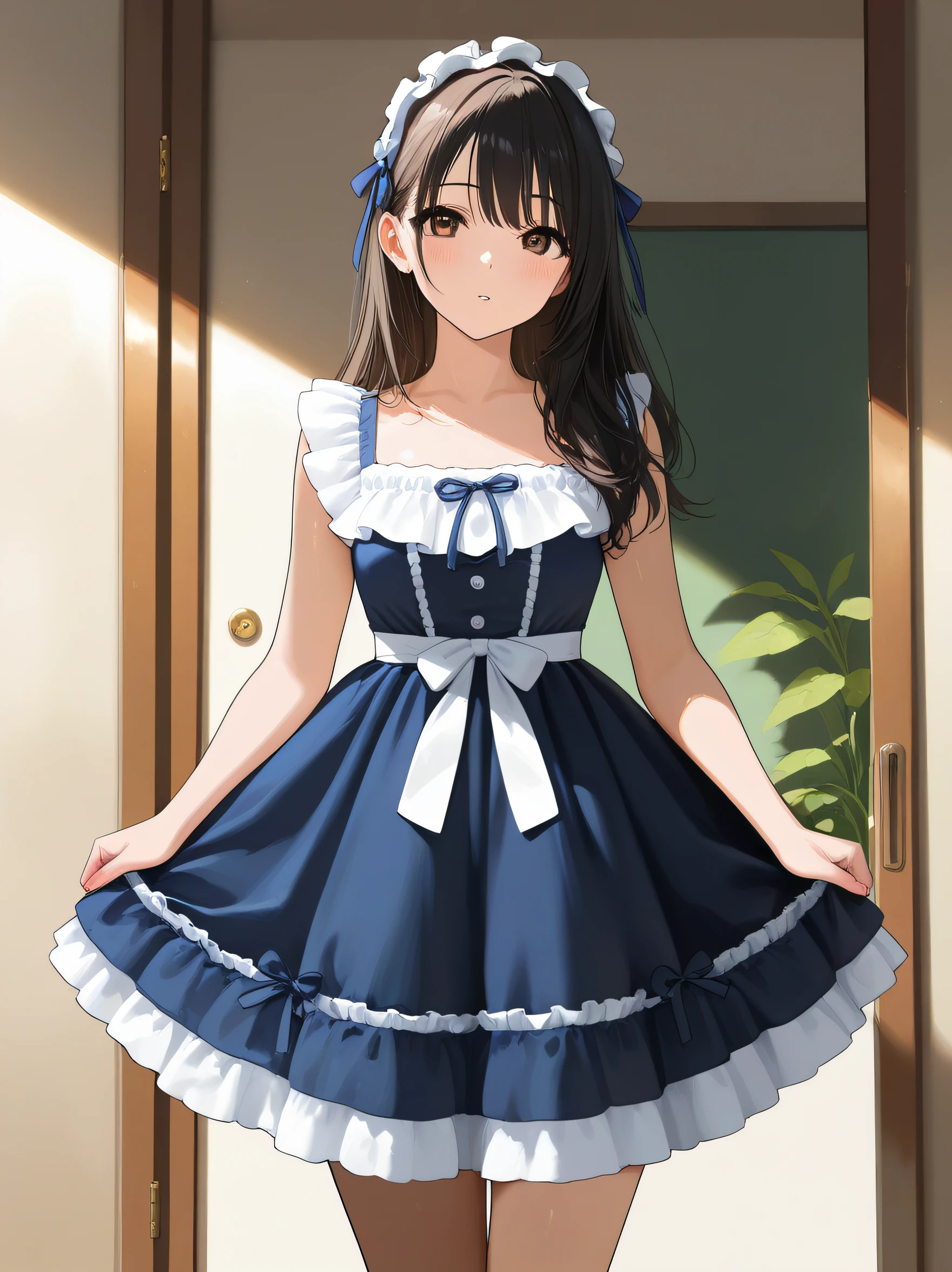 masterpiece,amazing quality,best quality,newest,absurdres,highres,32K,CG,illustration,real skin,shiny hair,safe,detailed,<lora:gothic dress_noobai_V1.0:0.6>jyojifuku,dress,frills,ribbon