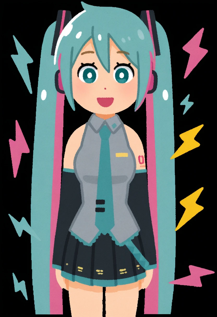 <lora:MCNsVirasutoya:1> MCNsV1r4sut0y4,hatsune miku, aqua eyes, aqua hair, aqua necktie, shoulders, black skirt, black sleeves, , bright pupils, collared shirt, eyelashes, grey shirt, hair between eyes, halftone, black background, lightning bolt symbol, long hair, looking at viewer, miniskirt, multicolored hair, narrow waist, necktie, neon palette, number tattoo, open mouth, pink hair, pleated skirt, shirt, shoulder tattoo, sidelocks, skirt, sleeveless, sleeveless shirt, smile, solo, sparkle, tattoo, twintails, two-tone hair, very long hair, white pupils, wide sleeves