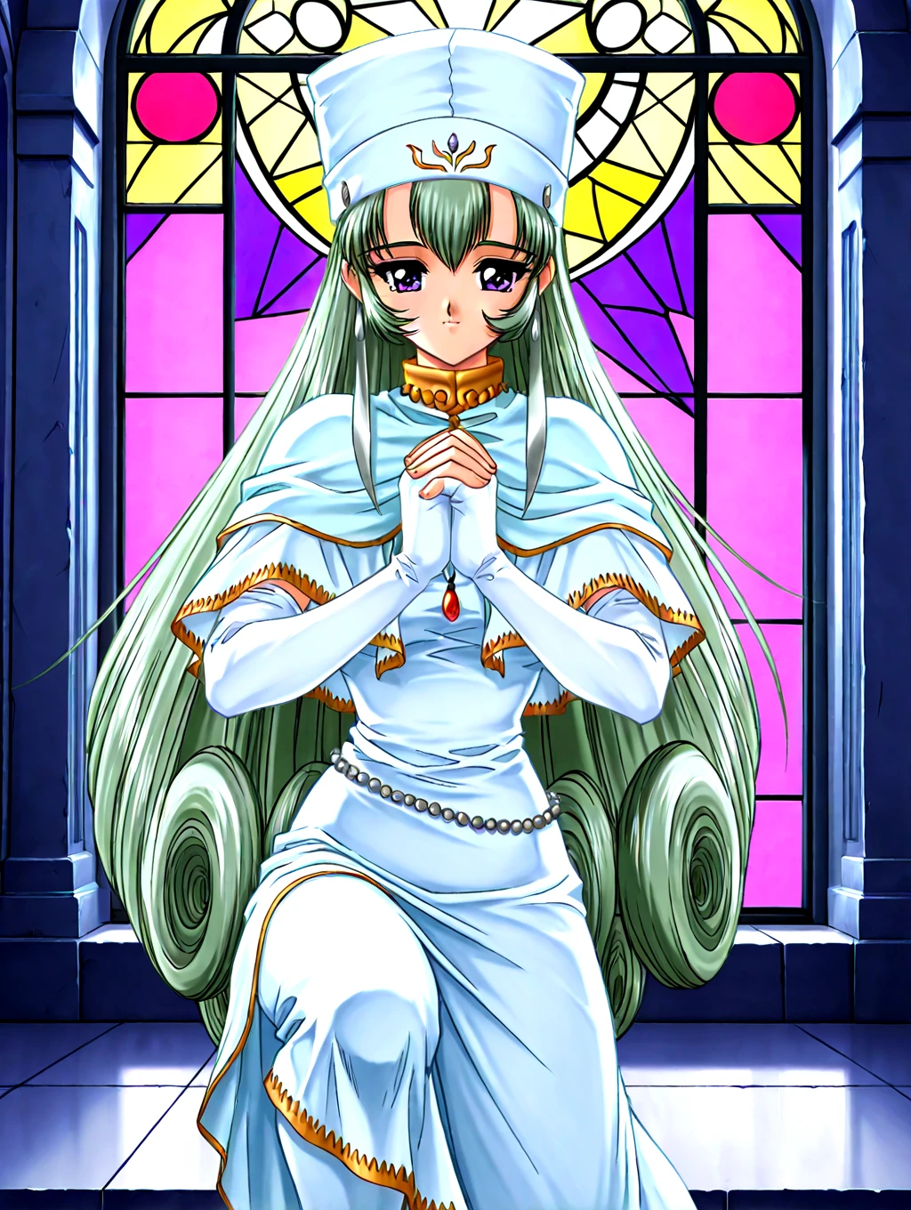 <lora:IL-D2SOPHIA:1>,d2sophia,1girl,solo,long hair,hat,green hair,dress,white fingerless elbow gloves,jewelry,long sleeves,purple eyes,white dress,capelet,very long hair,necklace,red gem,
praying,holy,cathedral,on one knee,stained glass,window light,twilight,  
1990s \(style\),
