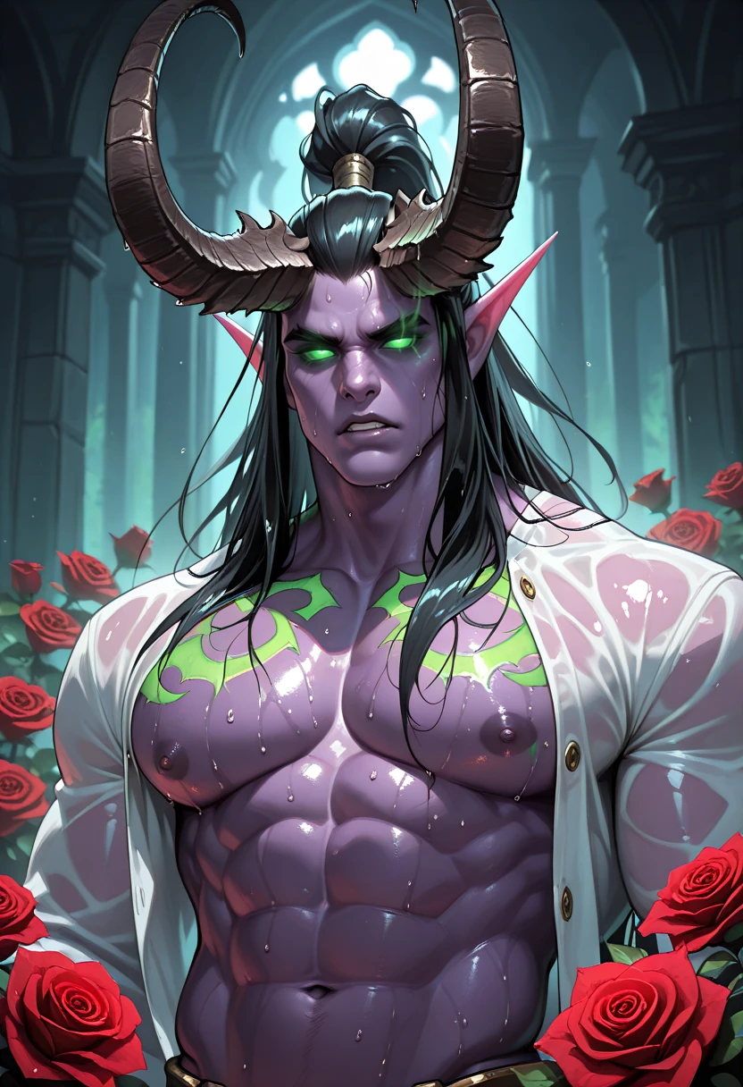 very awa, masterpiece, best quality, absurdres, newest, perfect quality, detailed background, intricate details
<lora:ILWoWIll1dan:1>
WoWIll1dan, 1boy, male focus, pointy ears, glowing eyes, green eyes, black hair, long hair, ponytail, half up, demon horns, demon boy, colored skin, no pupils, abs, bare pectorals, nipples, red flower, looking at viewer,navel, open clothes, red rose, open shirt, muscular male, sweat, parted lips, white shirt, upper body, large pectorals, bangs, wet, bara, stomach