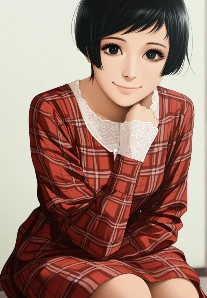 score_9, score_8_up, score_7_up,
1girl, short hair, miwa, eyelashes, anime coloring, black hair, black eyes, realistic, sitting, plaid, plaid dress, looking at viewer, smile, ,dress, long sleeves