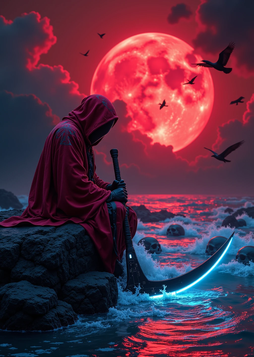 cyberpunk style, a grim reaper in a tattered, flowing red robe with intricate, neon-lit hem sits on a rocky outcrop by a turbulent, bioluminescent body of water, holding a massive, high-tech scythe with glowing blue lines. Face is hidden behind a dark, reflective helmet, adding to the mystery. A massive, crimson full moon with a reddish glow illuminates the scene, casting an eerie, otherworldly light across swirling, toxic red and black clouds. The moonlight reflects off the rippling water, disturbed by a sea of floating, glowing human skulls. Birds with neon-lit feathers fly toward the moon, adding dynamic movement. The image is rich in contrast with dramatic, high-contrast lighting, enhancing the dark, foreboding, dystopian atmosphere.