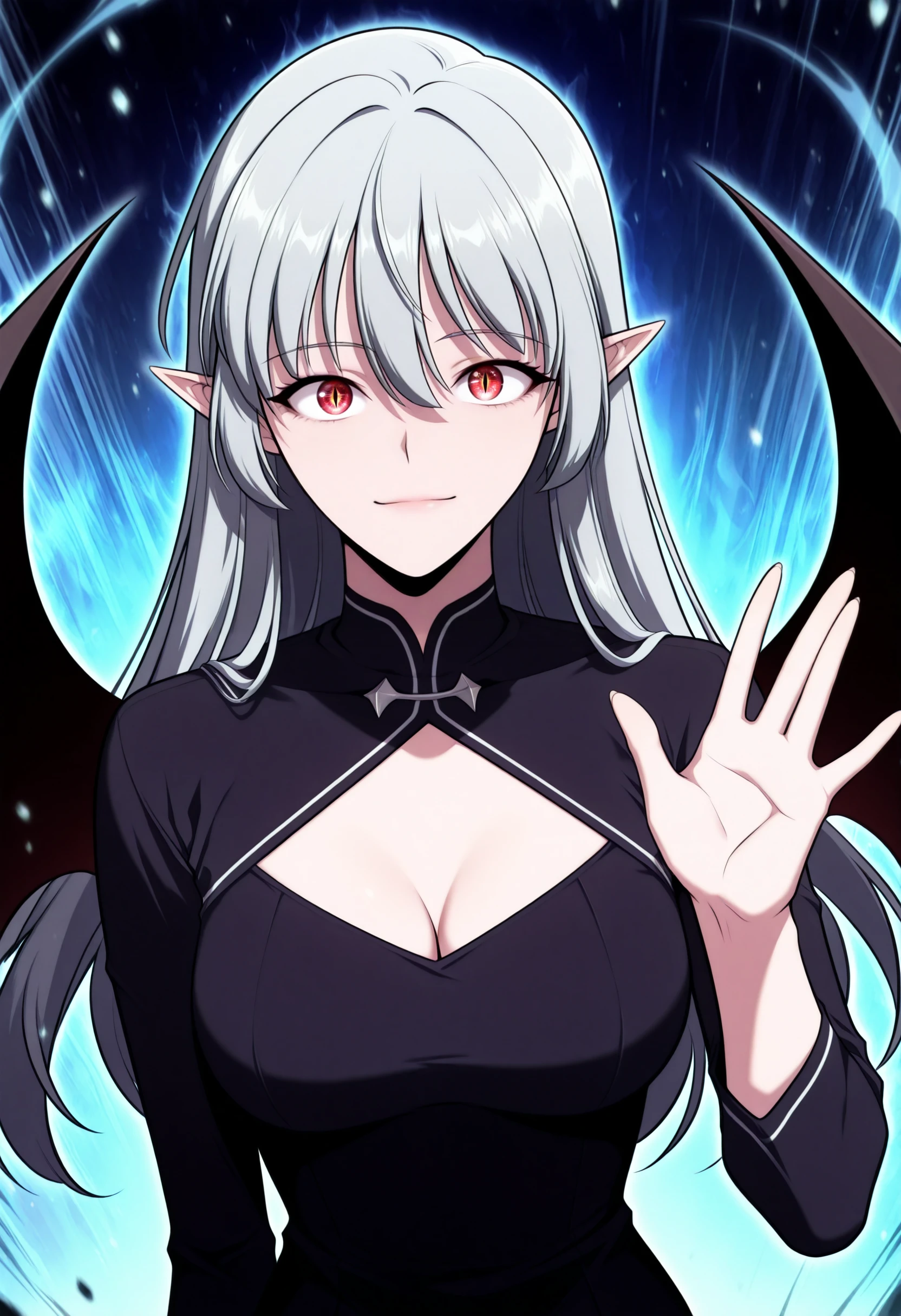 score_9,score_8_up,score_7_up,very aesthetic,source_anime,detailed,high quality,beautiful,detailed eyes,masterpiece,best quality,absurdres,perfect anatomy,alicef10,1girl,mature female,red eyes,long hair,grey hair,hair between eyes,pointy ears,floating hair,medium breast,cleavage || VampireDZ1,black dress,pencil dress,high collar,cleavage cutout,long sleeves,black bat wings,manhwa,manhwa style,detailed ,<lora:AliceFv15:1>,<lora:waving pose:0.6>,waving pose,upper body,facing viewer,open eyes,<lora:b1:0.6>,aura,effect background,aura out of the body,blue theme,glowing,