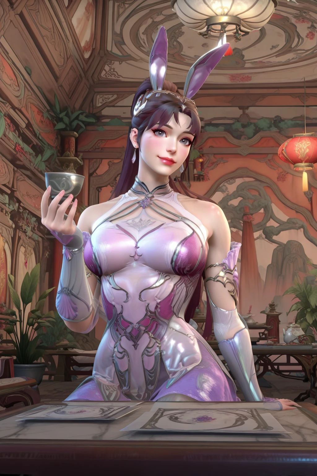 masterpiece, good quality, best quality, very awa, very as2, absurdres, highres,
<lora:xiaowuilluLoRA:1>xiaowu, Rabbit ears, long hair, Brown hair, ponytail, hair Ornament, earrings, ear piercing, Grey eyes, red lipstick, halterneck, bare shoulders, pink dress, armlet, elbow gloves, see-through skirt, Gradient legwear, high heels
<lora:Wild Rift StyleIlluLYCO:1.3> 1girl, solo, breasts, looking at viewer, makeup, indoors, chinese restaurant, paper lantern, blush, sitting, table, cowboy shot, smile, plants, holding choko \(cup\),