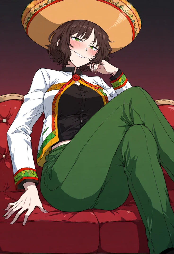 masterpiece, perfect face, beautiful face, perfect hands, beautiful hands, <lora:Aida_Limbus_Illustrious:1>, 1girl, solo, AidaLimbus, short hair, brown hair, green eyes, sambrero, black shirt, white jacket, open jacket, green pants, sitting on couch, crossed legs,  smirk, blush