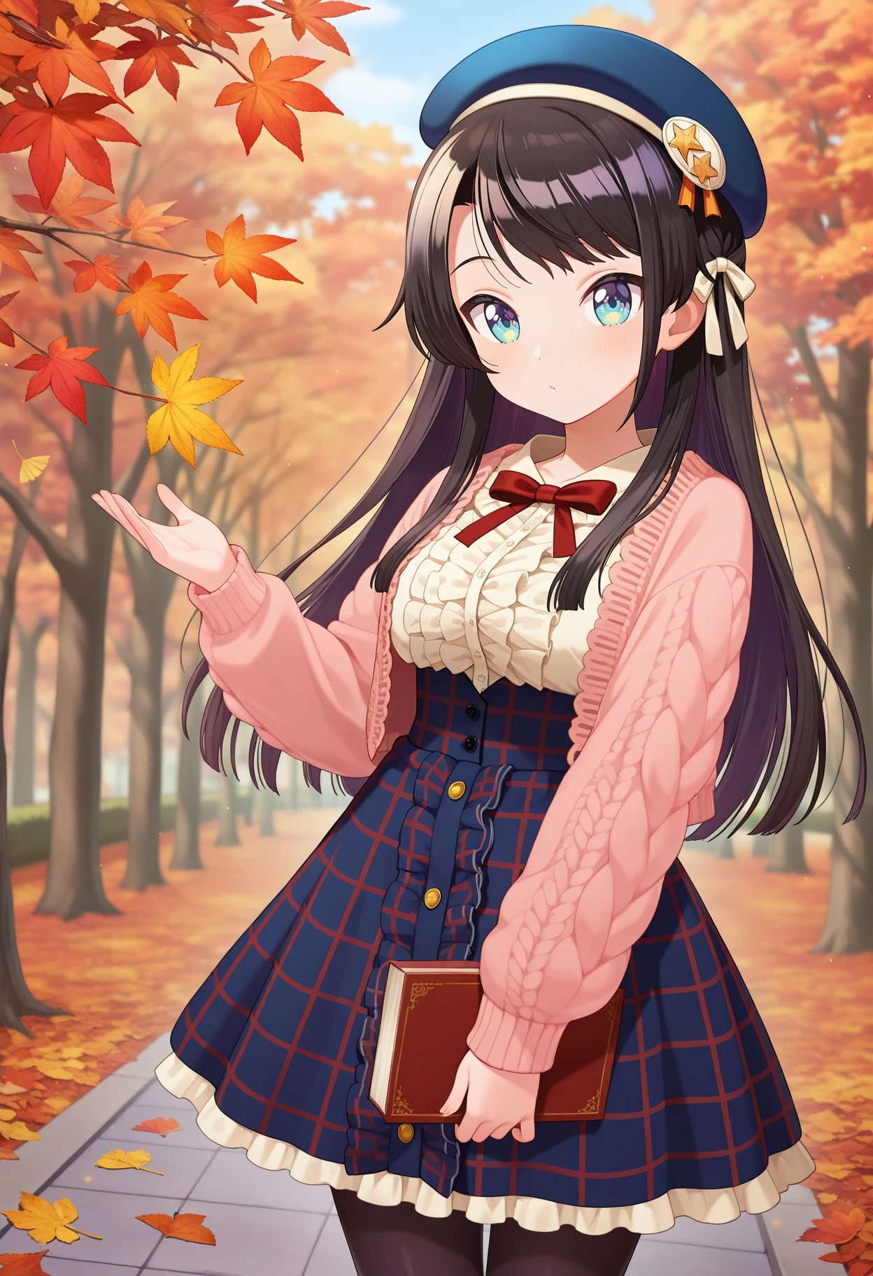 best quality, masterpiece, 1girl, ffsubaru, long hair, black hair, beret, blue headwear, red bowtie, frilled shirt, center frills, white shirt, pink cardigan, long sleeves, high-waist skirt, plaid skirt, blue skirt, black pantyhose, <lora:oozora_subaru_ilxl_v1:0.9>, standing, cowboy shot, outdoors, autumn, solo, holding book,