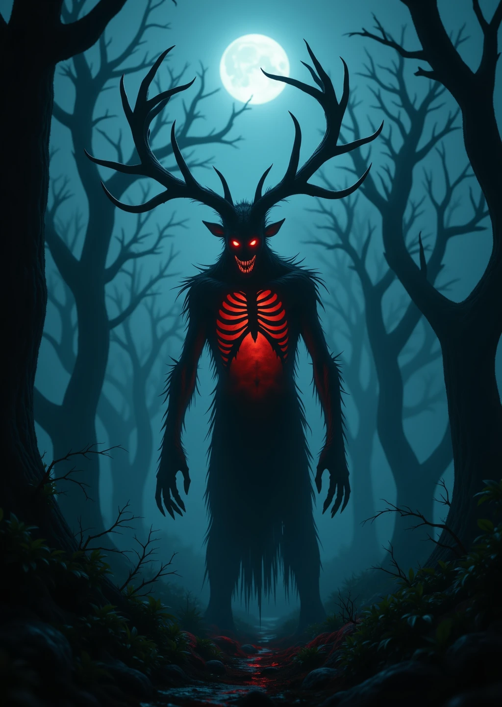 Real photo, a horror story, upclose image of a tall scary demon with long twisted antlers, red eyes, Its ribcage opened. It had no face--only a mouth and too many eyes, it stands on fog-choked dark forest at night, twisted trees, eerie moonlight casting elongated shadows unsettling atmosphere, high detail, gothic horror, cinematic lighting,horror aesthetic, Horror movie, shadowy, photographic, present day, scary horror