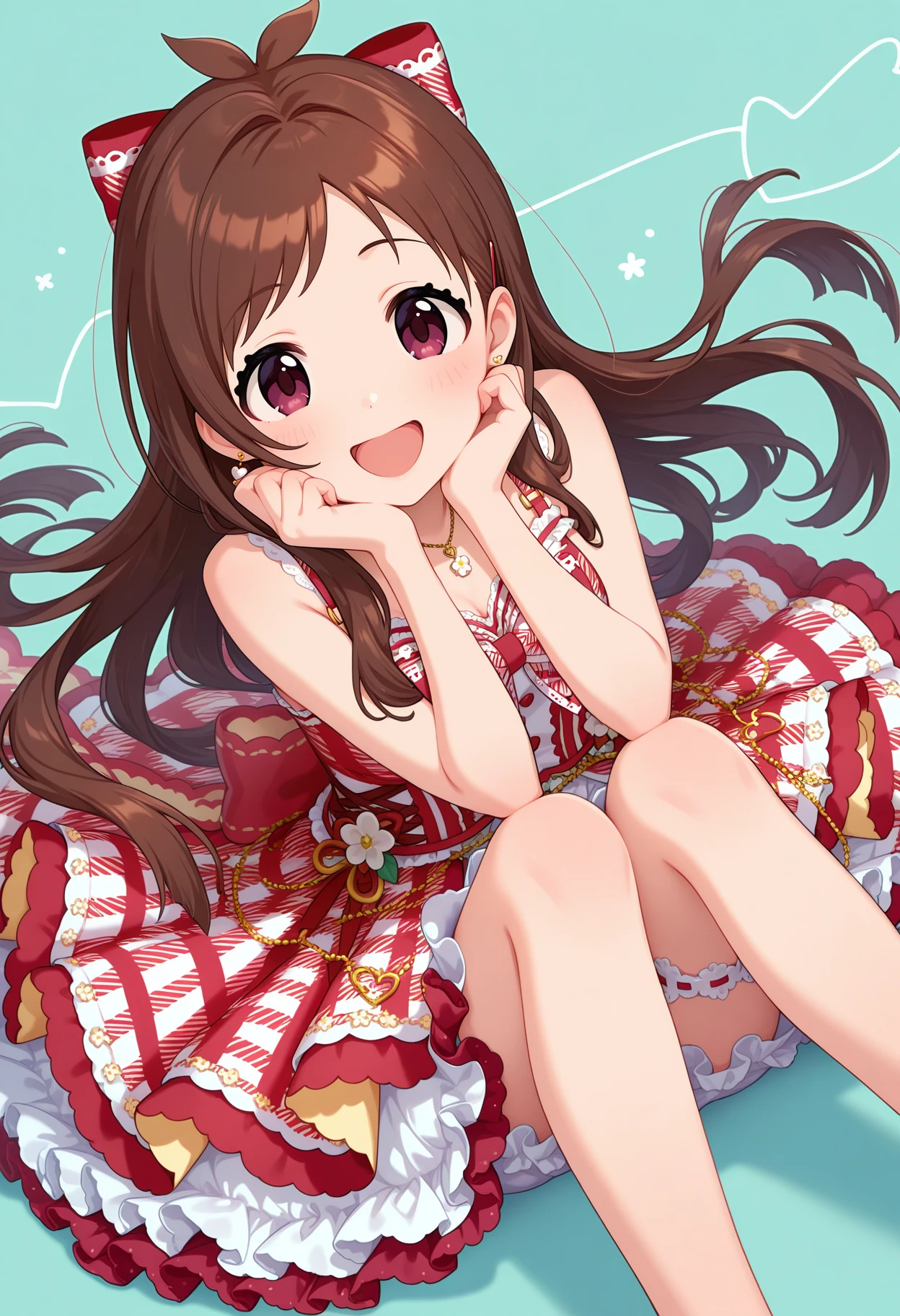 best quality, masterpiece, 1girl, aaakari, long hair, brown hair, antenna hair, hair bow, earrings, necklace, plaid bow, plaid dress, red dress, sleeveless, layered skirt, white skirt, bridal garter, <lora:tsujino_akari_ilxl_v1:0.9>, hands on own cheeks, smile, open mouth,