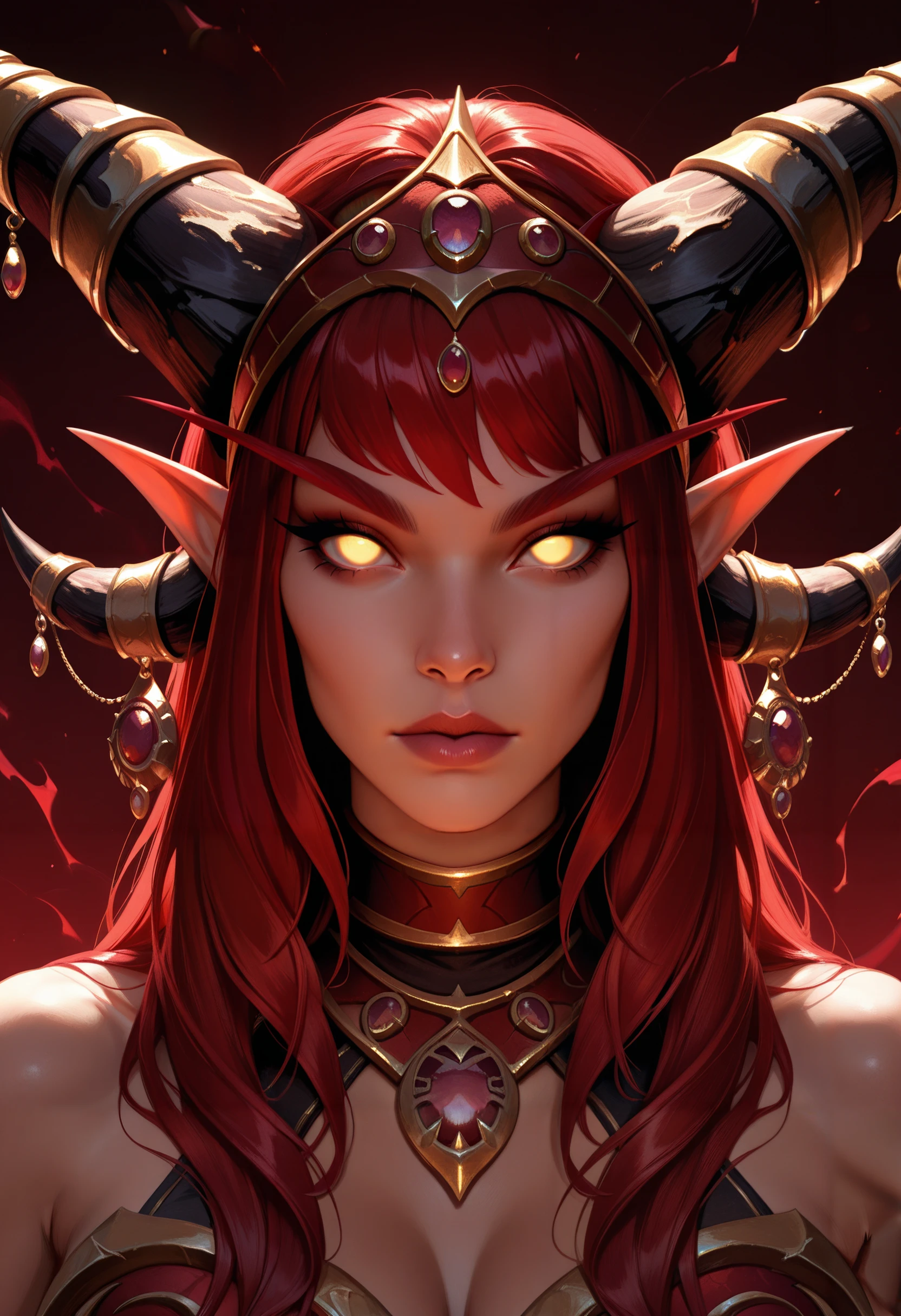very awa, masterpiece, best quality, absurdres, newest, perfect quality, detailed background, intricate details
<lora:ILWoWAlekstrasza:1>
WoWAlekstrasza, 1girl, horns, long pointy ears, horn ornament, red hair, long hair, yellow eyes, no pupils, looking at viewer, portrait