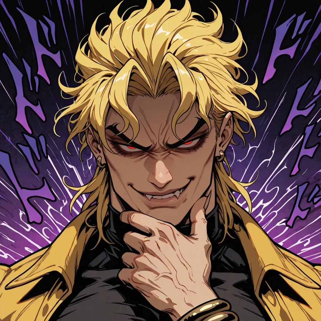 masterpiece, best quality, amazing quality,
swirling background, 1boy, dio brando, menacing, smirk, portrait, upper body, hand under chin, <lora:Sinozick_Style-IL:1> pksinozick
