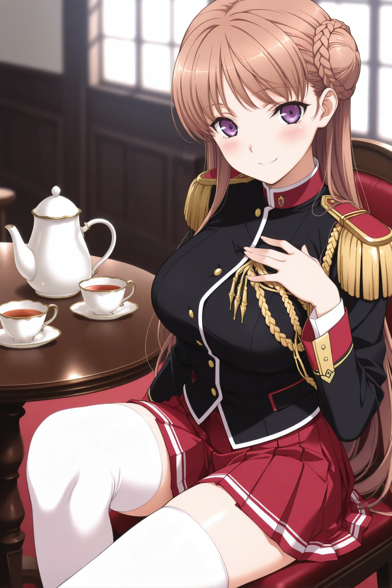 masterpiece, best quality, 1girl, solo, <lora:nmascot-illu-nvwls-v1-000007:1> nmasc, brown hair, very long hair, purple eyes, big breasts, double bun, braided bun, black military uniform, aiguillette, black jacket, gold buttons, epaulettes, pleated skirt, red skirt, white thighhighs, sitting, table, chair, teapot, teacup, looking at viewer, smile, blush, hand on own chest