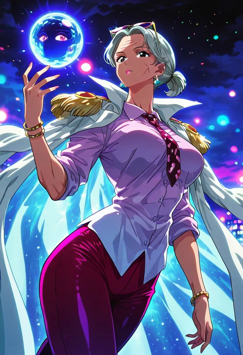 TsuruOP, 1girl, solo, older woman, grey hair, black eyes, hair bun, sunglasses on head, earrings, lips, wrinkles, cape, epaulets, untucked shirt, large breast, sleeves rolled up, necktie, colored pants, bracelet, shoes, jewelry, thick thighs, shoes, colored shirt, shirt ornament,
masterpiece, best quality, fine details, intricate details, depth of field, subsurface scattering, bokeh, ultra-detailed, very aesthetic, detailed background, newest, scenery, highres, absurdres, colorful, vibrant, glowing, perfect face, 2d, perfect eyes, vibrant saturated colors, volumetric lighting, sharp, detailed eyes, perfect anatomy, perfect face, perfect eyes, mature body, clear eyes, beautiful eyes, athletic, curvy body, athletic girl, perky tits, perfect tits, round breasts, pinup pose, teasing, lustful expression, perfect hands,
muscular female, dutch angle, dynamic pose,
,Smooth Negative, Smooth_Quality,
retro_celestial_scifi, retro artstyle
