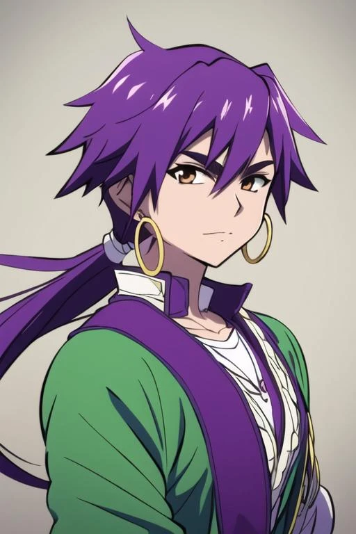 masterpiece, best quality, high quality, 1boy, solo, male focus, looking at viewer, upper body, <lora:sinbad_magi:0.68>, sinbad_magi, purple hair, jewelry, long hair, brown eyes, ponytail,