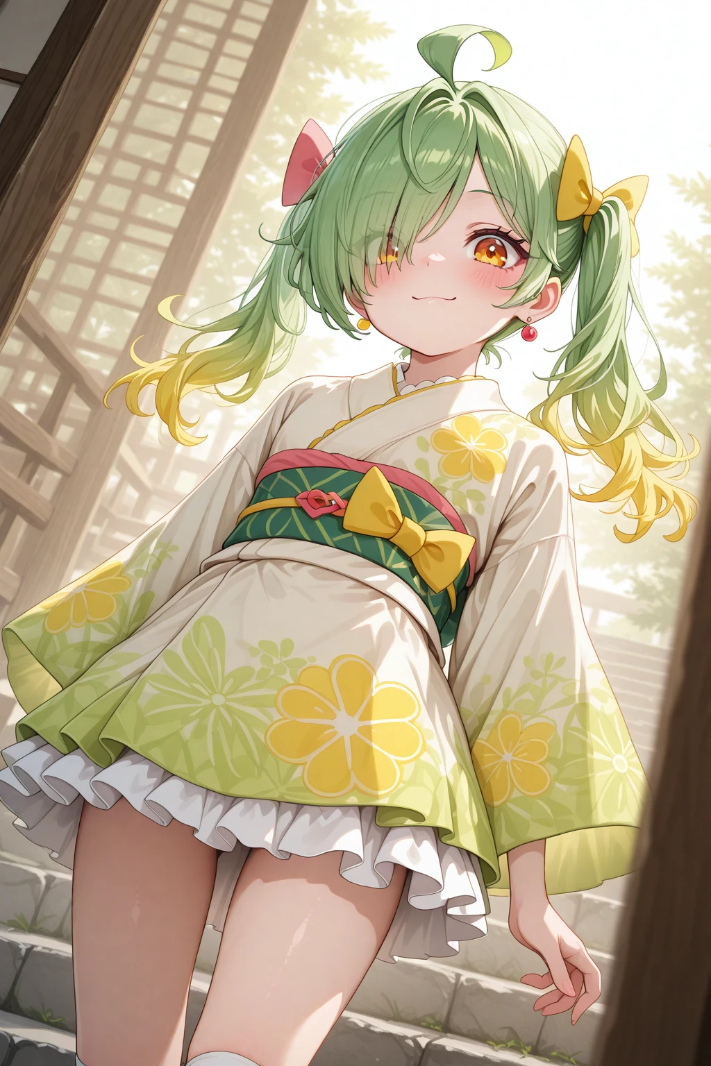 masterpiece, best quality, amazing quality, 1girl, solo, makeup, general, cowboy shot, looking at viewer, blush, dramatic angle, smile, <lora:Yokato_Fu:1>, Yokato_Fu, long hair, green hair, multicolored hair, blonde hair, ahoge, yellow eyes, twintails, hair over one eye, long sleeves, wide sleeves, kimono, short kimono, (white yukata, green yukata), skirt, sash, obi, tabi, white socks, zouri, hair ornament, hair bow, yellow bow, jewelry, earrings, frills, floral print, <lora:wai-A3-V140:1>, <lora:illustrious_noobai_epsilon_pred_1_masterpieces_v1:1>