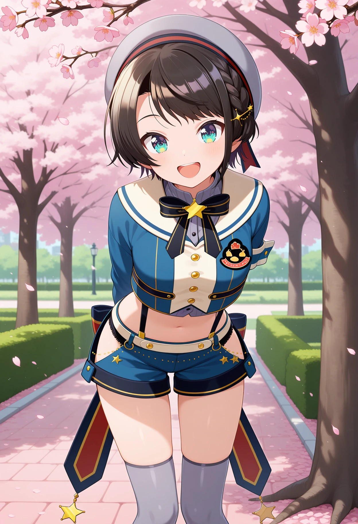 best quality, masterpiece, 1girl, bbsubaru, short hair, black hair, french braid, grey headwear, beret, hair ornament, sailor collar, black bowtie, suspenders, crop top, cropped jacket, blue jacket, long sleeves, midriff, blue shorts, hip vent, grey thighhighs, <lora:oozora_subaru_ilxl_v1:0.9>, arms behind back, leaning forward, standing, outdoors, open mouth, cherry blossoms, smile, park,