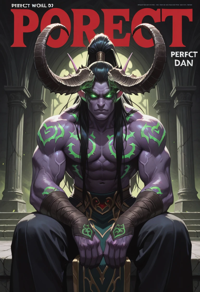 very awa, masterpiece, best quality, absurdres, newest, perfect quality, detailed background, intricate details
<lora:ILWoWIll1dan:1>
WoWIll1dan, 1boy, male focus, pointy ears, glowing eyes, green eyes, black hair, long hair, ponytail, half up, demon horns, demon boy, colored skin, no pupils, magazine cover, posing sexy, sitting