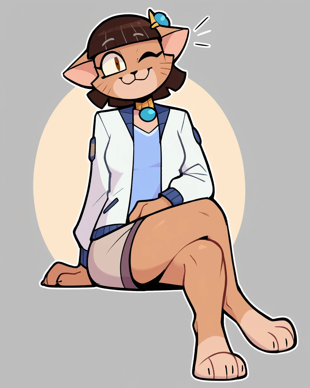 score_9_up, score_8_up, score_7_up, score_6_up, by remanedur, furry, female, cat, brown hair, blunt bangs, short hair, whiskers, hair ornament, medium breasts, brown eyes, white jacket, open jacket, skirt, blue shirt,  looking at viewer, happy, smile, wink, crossed legs,  head tilt, solo, three-quarter view, sitting, simple background, white outline,  <lora:Leah_Pines(AIM)_XL_v1:0.15> <lora:PDXL_artist_tags_v2_big:0.5> <lora:The-Minuscule-Task_PDXL_v1.0:0.6>  <lora:Mau_Joshdamn23:0.75>