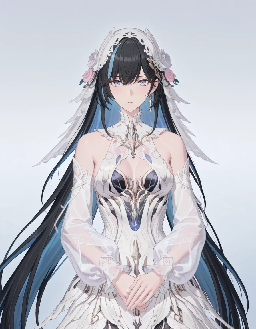 masterpiece,best quality,amazing quality,very aesthetic,high resolution,ultra detailed,perfect details,
1girl,solo,looking_at_viewer,<lora:mai_prg_lucia_fxcs:1>,mai_prg_lucia_fxcs,hair_ornament,hair_flower,rose,white_flower,pink_rose,white_dress,wedding_dress,bare_shoulders,bridal_veil,detached_sleeves,mature female,(aged up:1.5),skinny,<lora:mai_pgr_selena_xs:0.7>,mai_pgr_selena_xs,blue_eyes,black_hair,blue_hair,very_long_hair,multicolored_hair,colored_inner_hair,streaked_hair,