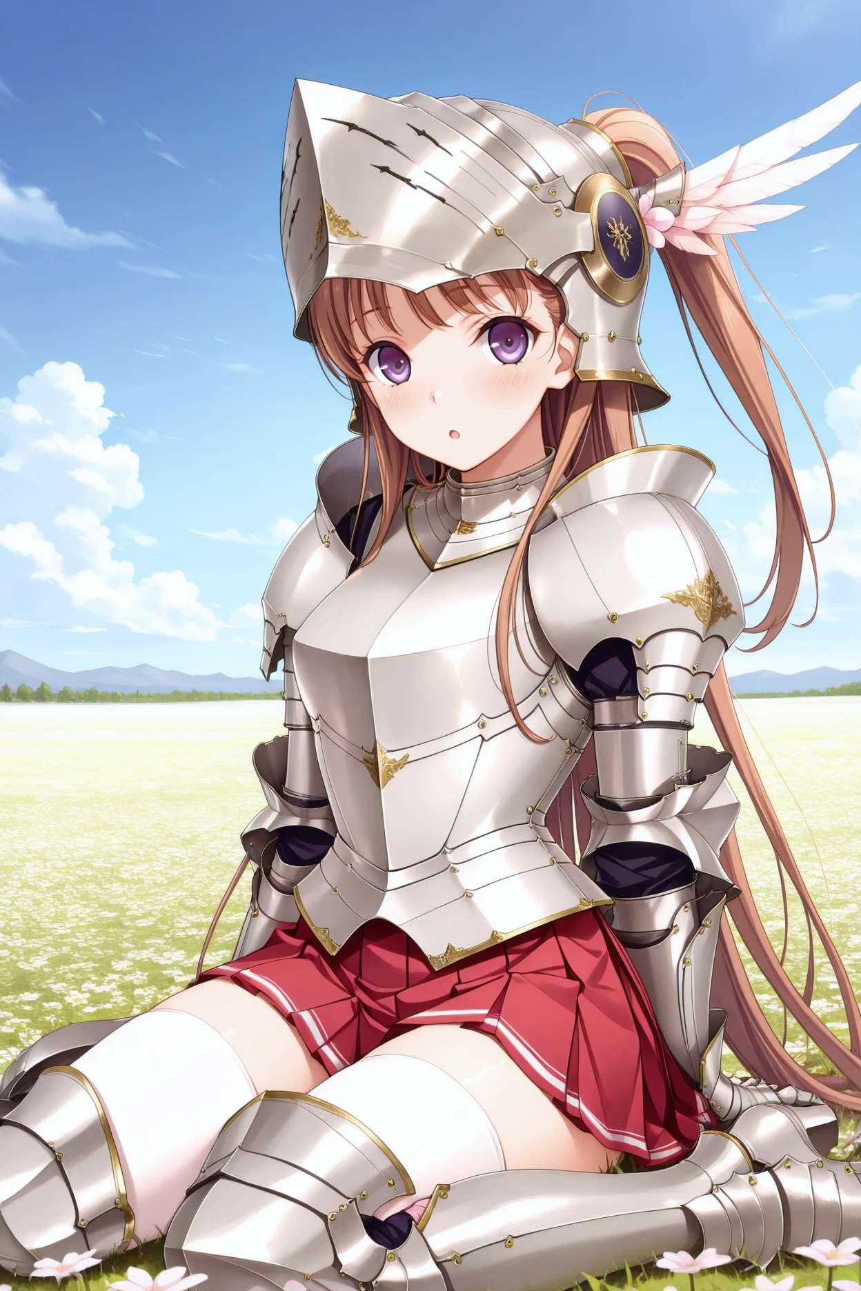 masterpiece, best quality, 1girl, solo, <lora:nmascot-illu-nvwls-v1-000007:1> nmasc, brown hair, very long hair, purple eyes, helmet, armor, gauntlets, red skirt, pleated skirt, white thighhighs, greaves, armored boots, wariza, field, flower field, looking at viewer, :o, blush, blue sky