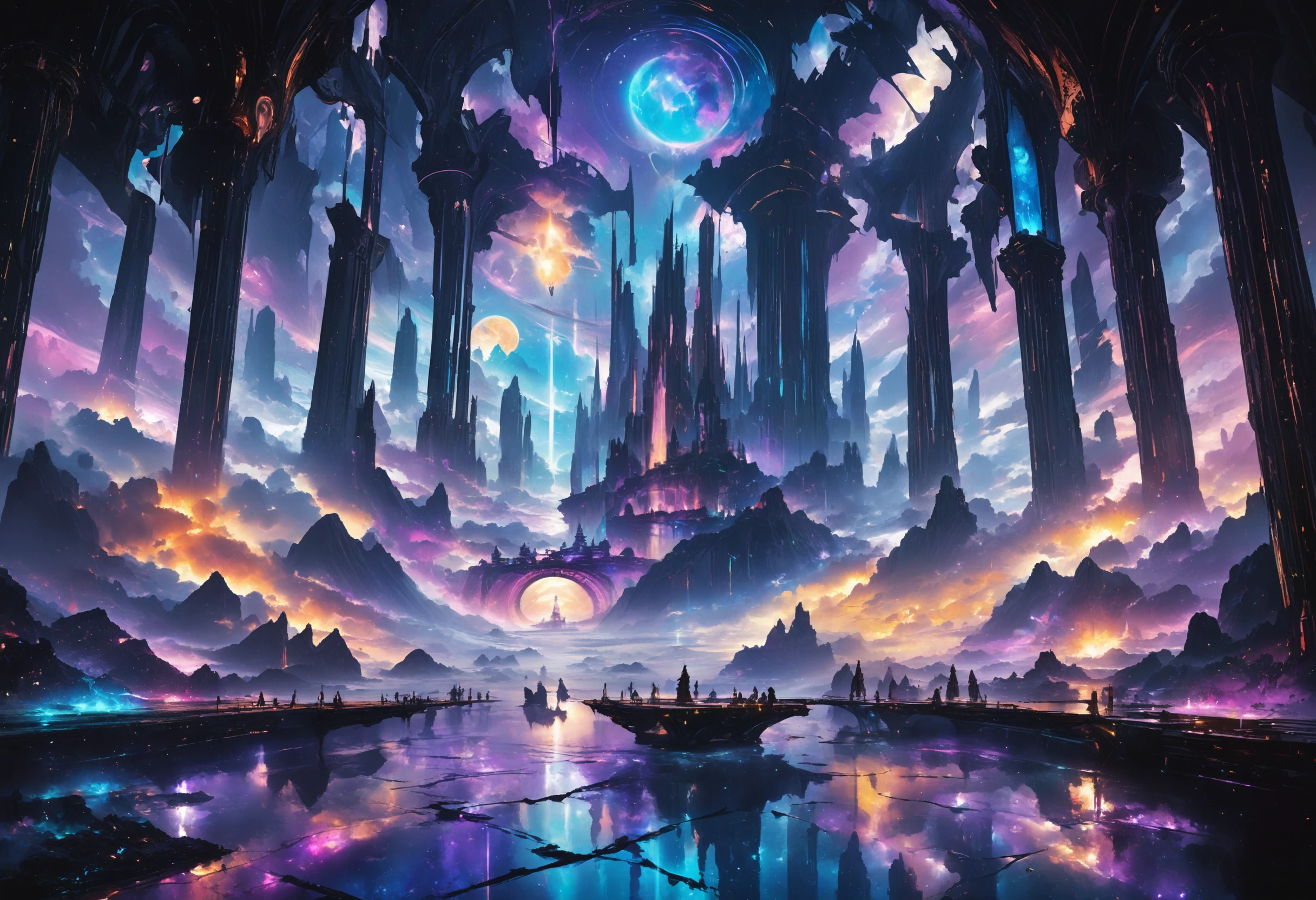 rating_safe, breathtaking detailed, masterpiece, absurdres, awe-inspiring, best quality, vibrant colors, A floating island chain above a volcanic ocean, BREAK, bridges of light connect the landmasses, BREAK, on one island a futuristic temple with stained glass roofs, BREAK, sky is painted with purple clouds and twin suns, BREAK, painterly style with dynamic contrast, high fantasy <lora:sdxl_CrazyLandscapes.safetensors:1.0:1.0>