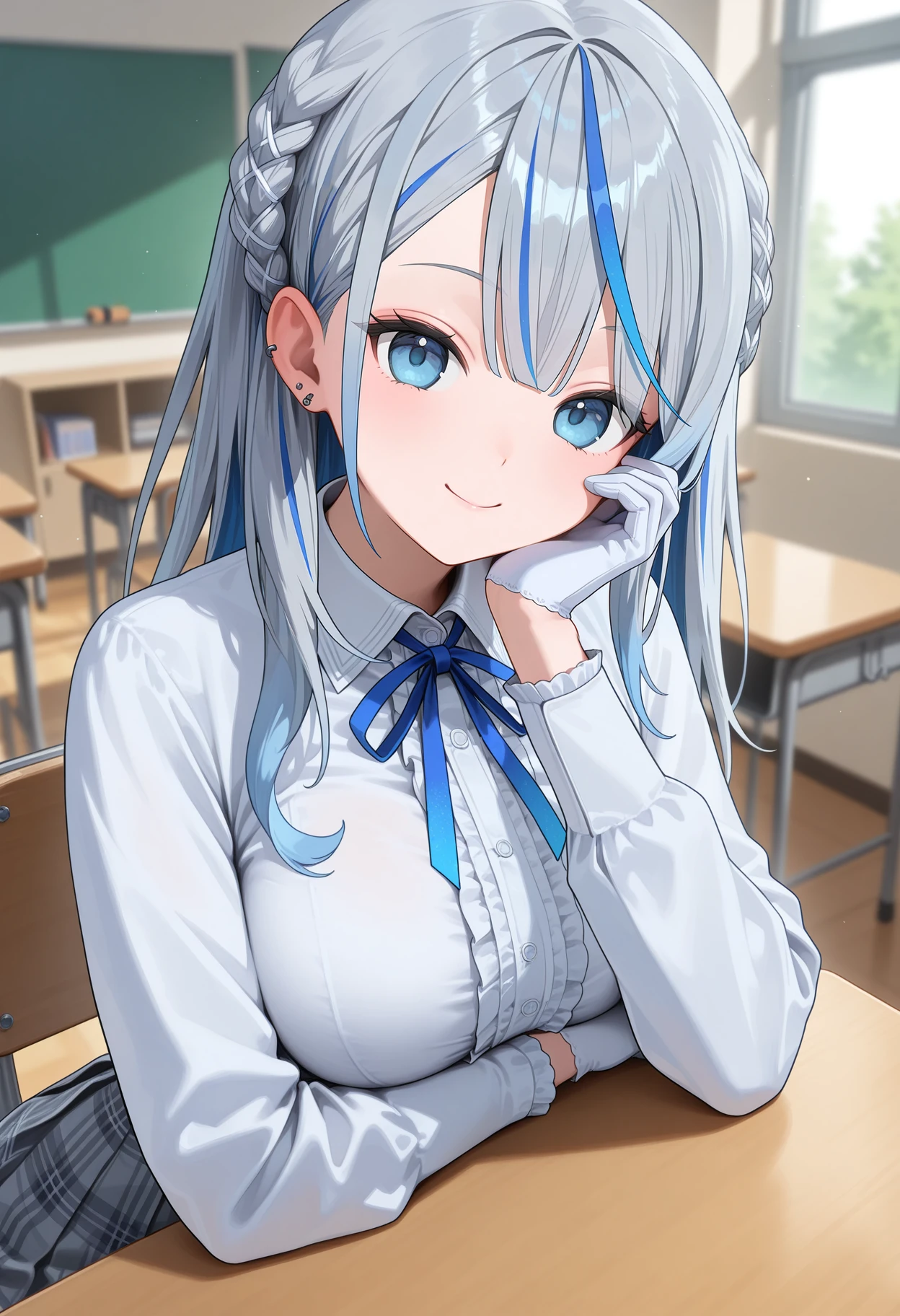 best quality, masterpiece, 1girl, aaruka, long hair, streaked hair, grey hair, braid, ear piercing, blue eyes, school uniform, neck ribbon, center frills, collared shirt, white shirt, long sleeves, white gloves, plaid skirt, grey skirt, <lora:amagai_ruka_ilxl_v1:0.9>, arm rest, hand on own cheek, sitting, desk, smile, classroom, on chair,