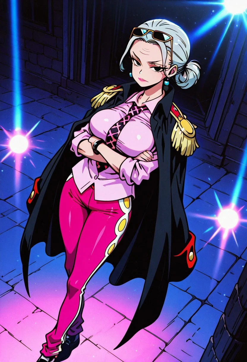 TsuruOP, 1girl, solo, older woman, grey hair, black eyes, hair bun, sunglasses on head, earrings, lips, wrinkles, cape, epaulets, untucked shirt, large breast, sleeves rolled up, necktie, colored pants, bracelet, shoes, jewelry, thick thighs, shoes, colored shirt, shirt ornament,
masterpiece, best quality, fine details, intricate details, depth of field, subsurface scattering, bokeh, ultra-detailed, very aesthetic, detailed background, newest, scenery, highres, absurdres, colorful, vibrant, glowing, perfect face, 2d, perfect eyes, vibrant saturated colors, volumetric lighting, sharp, detailed eyes, perfect anatomy, perfect face, perfect eyes, mature body, clear eyes, beautiful eyes, athletic, curvy body, athletic girl, perky tits, perfect tits, round breasts, pinup pose, teasing, lustful expression, perfect hands,
muscular female, dutch angle, dynamic pose,
,Smooth Negative, Smooth_Quality,
film grain, 1990s (style), retro, retro artstyle