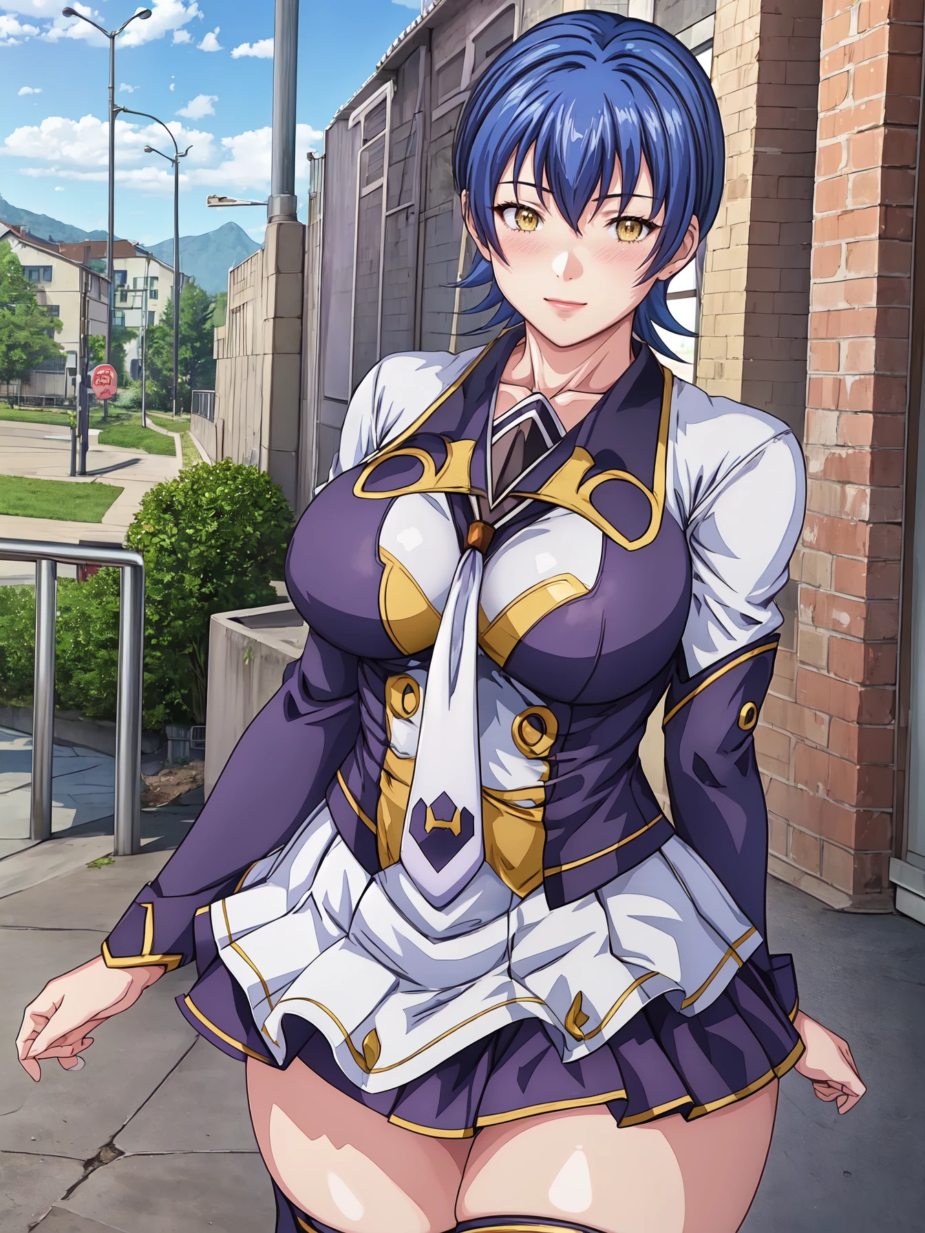 (materpiece, best quality:1.2), high quality, game cg, anime screenshot,
(miyagishi yuuki:1.1), 1girl, cowboy shot, hand on own hip, V, mature female, solo,
looking at viewer, blush, parted lips, smile, head tilt,
blue hair, short hair, yellow eyes,
(purple school uniform, two-tone jacket:1.1), necktie, pleated skirt, purple thighhighs, yellow trim,
large breasts, thighs, curvy,
outdoors, blue sky, day, simple background,
<lora:miyagishi yuuki sd15 animefull:1.2>