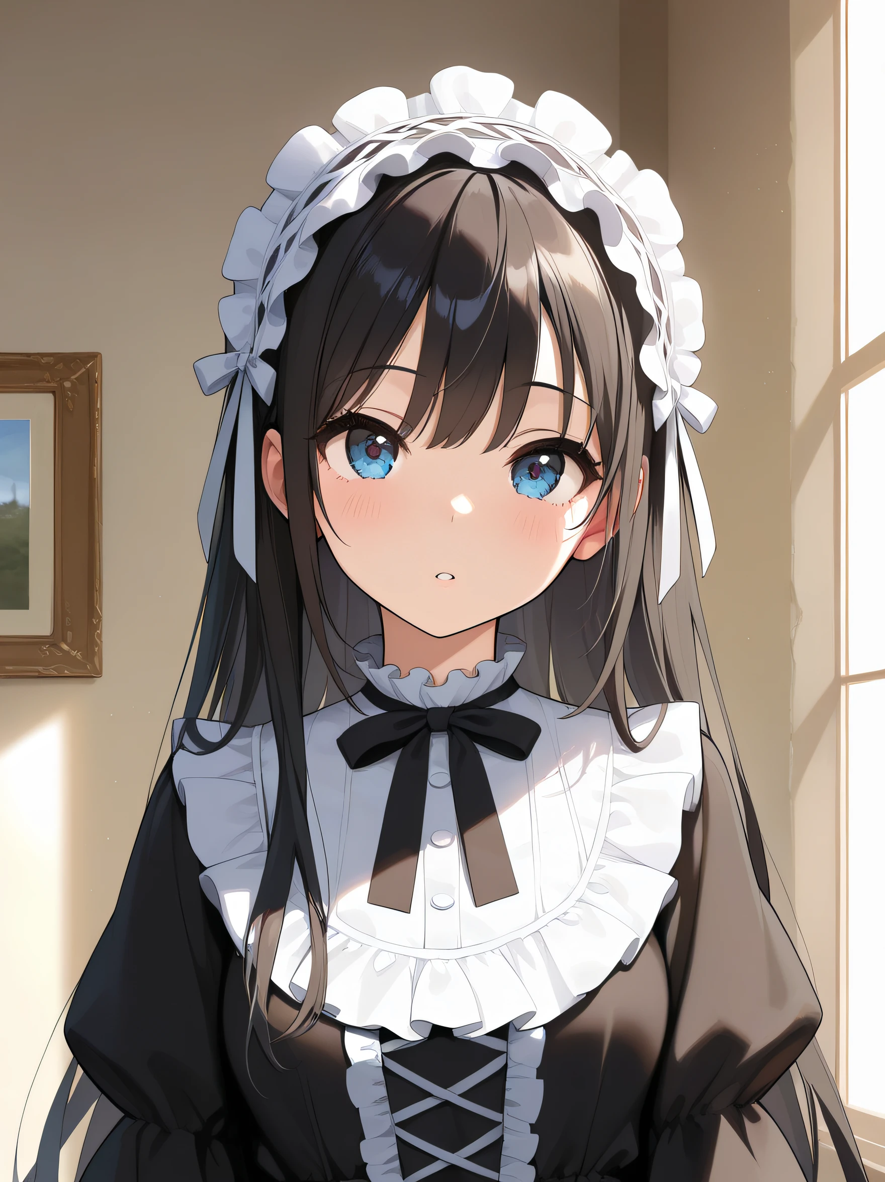 masterpiece,amazing quality,best quality,newest,absurdres,highres,32K,CG,illustration,real skin,shiny hair,safe,detailed,<lora:gothic dress_noobai_V1.0:0.5>jyojifuku,dress,frills,ribbon