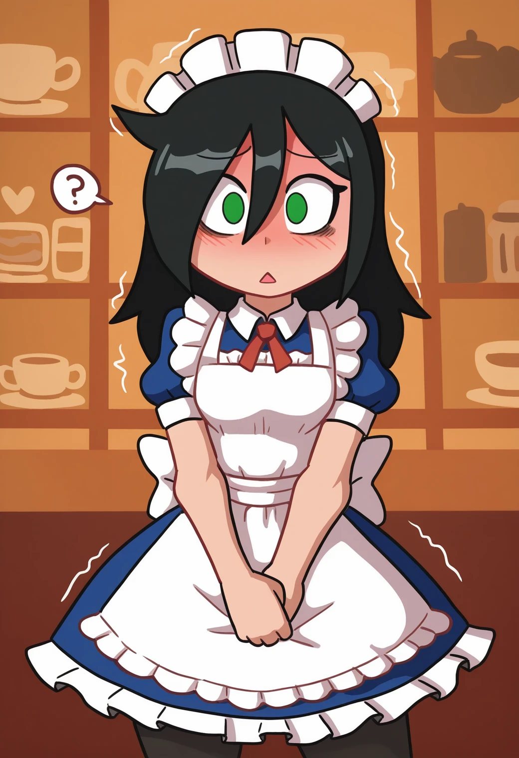 <lora:MCNsKeyKockM:1> MCNsVk0ke,1girl, kuroki tomoko, black hair, solo, green eyes, apron, bags under eyes, pantyhose, long hair, white apron, maid headdress, maid, dress, hair between eyes, short sleeves, frills, heart, black pantyhose, alternate costume, looking at viewer, frilled apron, blush, puffy short sleeves, blue dress, maid apron, ribbon, puffy sleeves, bow, red ribbon, ?, enmaided, messy hair, red bow, cowboy shot, triangle mouth, collared dress, ..., neck ribbon, trembling, spoken question mark, spoken ellipsis, frilled dress, back bow, wide-eyed,cafe, red_interior, dutch angle, night,