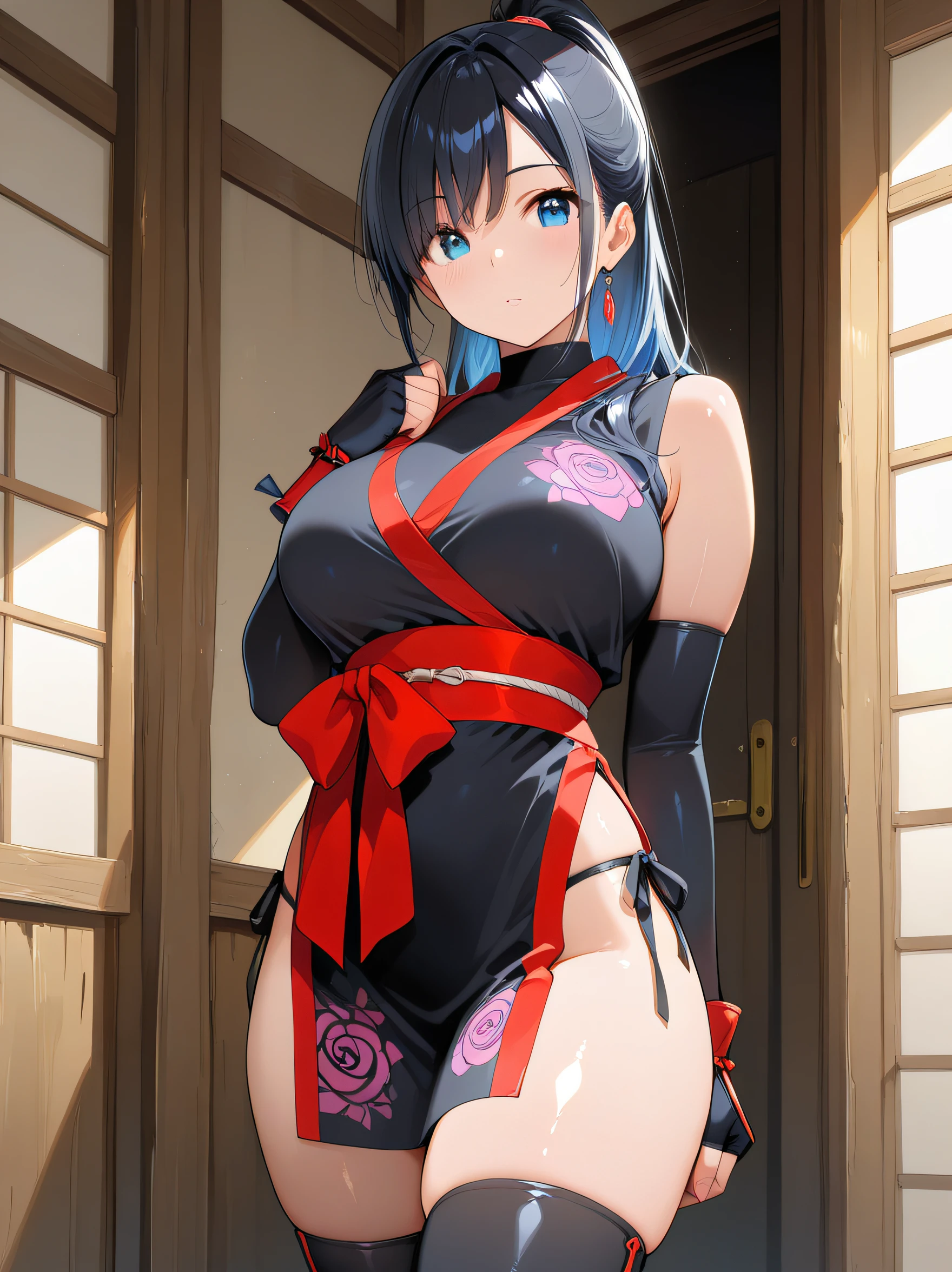masterpiece,amazing quality,best quality,newest,absurdres,highres,32K,CG,illustration,real skin,shiny hair,safe,detailed,<lora:kunoichi_noobai_V1.0:0.8>kunoichi,ninja,thighhighs,gloves