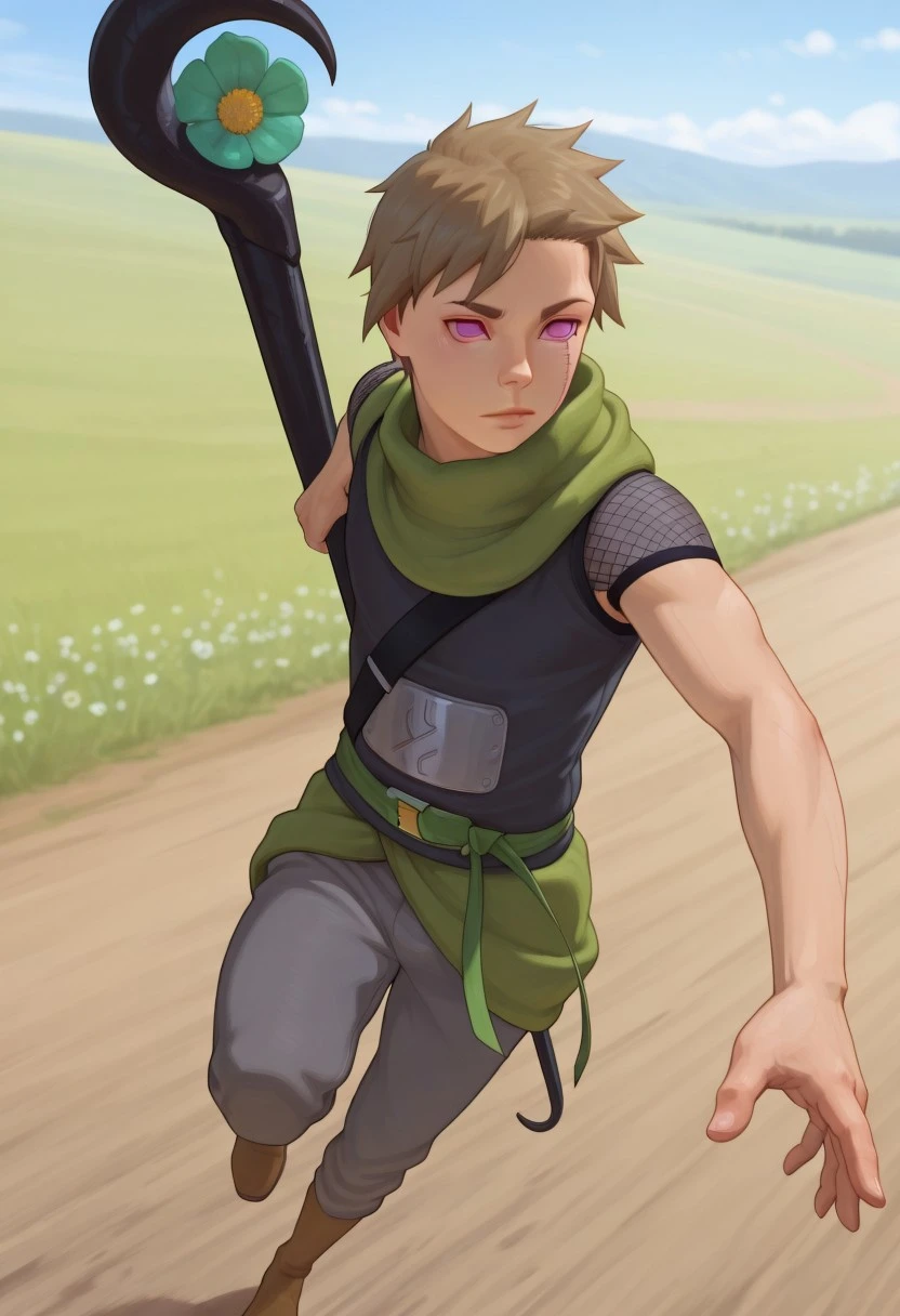 masterpiece, high quality, best quality, amazing quality, very aesthetic, absurdres, ultra-detailed, extremely detailed, realistic, volumetric lighting, (male focus, male only), day, depth of field, JackDraws, solo,
1boy, Yagura, Pink Eyes, Brown Hair, Scar under eye, Scarf, Grey Sleeveless vest, short sleeve fishnet shirt, green sash belt, Green half skirt, grey pants, brown boots, Holding staff, black staff, holding weapon, hooked staff, flower, action pose, dynamic pose, masterpiece, best quality, amazing quality, very aesthetic, absurdres, newest, very awa, nude, cute boy, lean, athletic, runner build, photo-realistic detail, atmosphere focused, expressive lighting