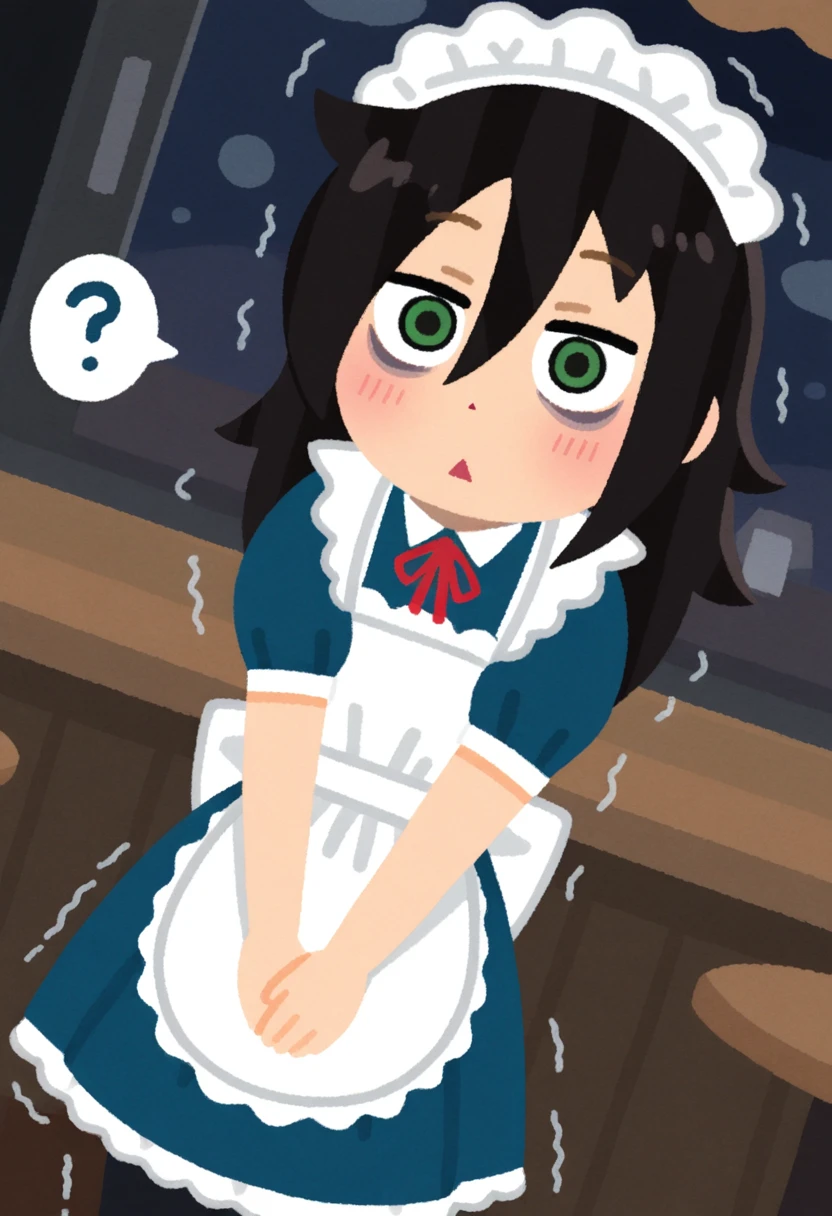 <lora:MCNsVirasutoya:1> MCNsV1r4sut0y4,1girl, kuroki tomoko, black hair, solo, green eyes, apron, bags under eyes, pantyhose, long hair, white apron, maid headdress, maid, dress, hair between eyes, short sleeves, frills, heart, black pantyhose, alternate costume, looking at viewer, frilled apron, blush, puffy short sleeves, blue dress, maid apron, ribbon, puffy sleeves, bow, red ribbon, ?, enmaided, messy hair, red bow, cowboy shot, triangle mouth, collared dress, ..., neck ribbon, trembling, spoken question mark, spoken ellipsis, frilled dress, back bow, wide-eyed,cafe, red_interior, dutch angle, night,