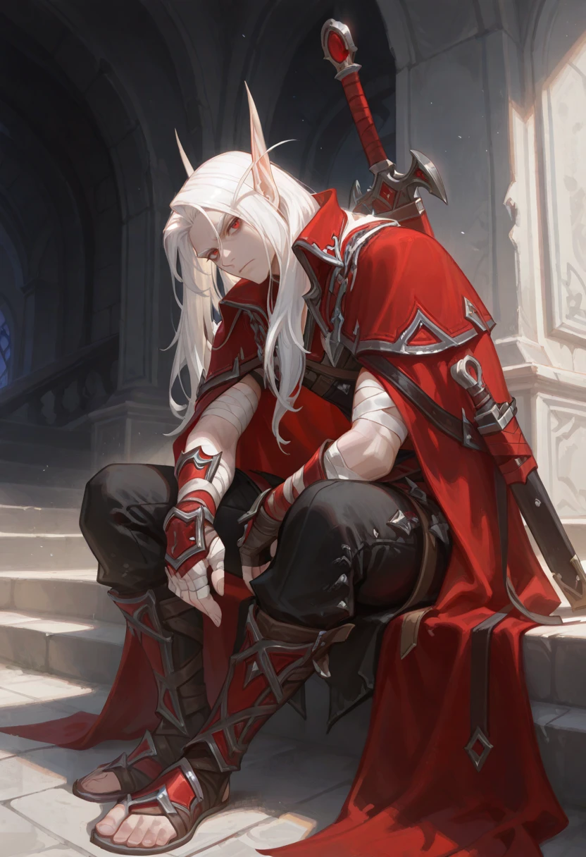 very awa, masterpiece, best quality, absurdres, newest, perfect quality, detailed background, intricate details
<lora:ILWoWKaelthas:1>
WoWKaelthas, 1boy, male focus, pointy ears, long hair, white hair, red eyes, looking at viewer, weapon on back, sword, , black pants, sheathed, cape, sitting, bandaged arm, fingerless gloves, closed mouth, full body