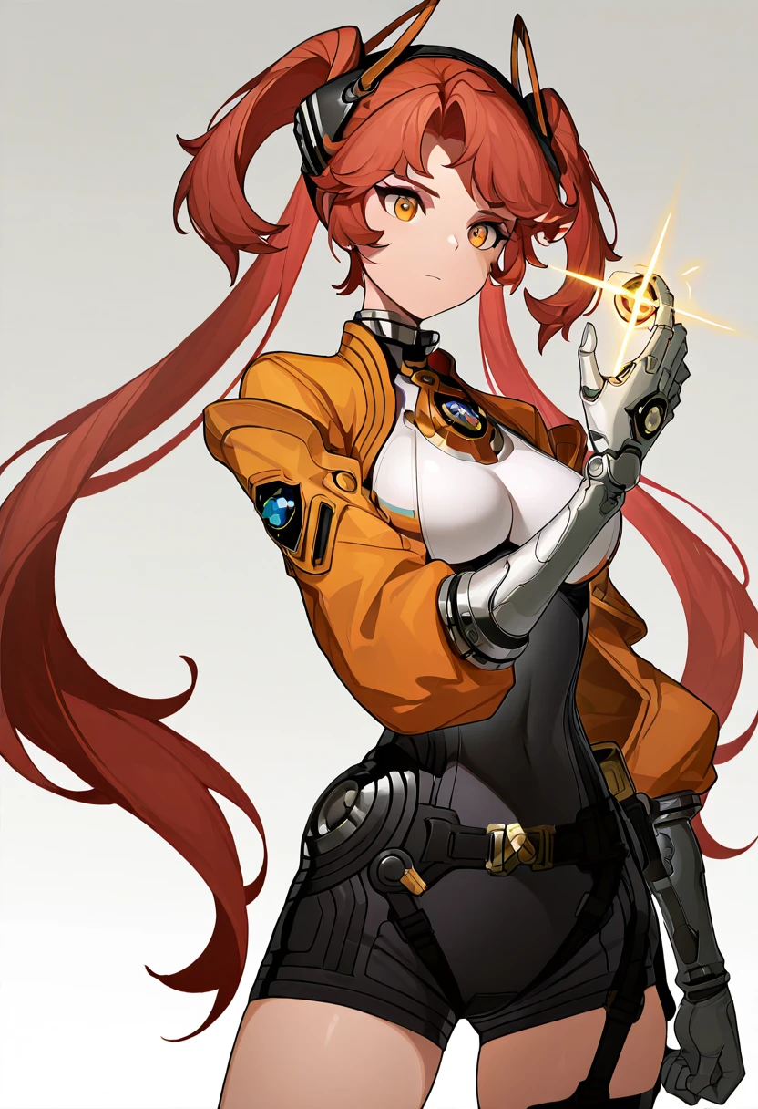 masterpiece, best quality, 1girl, solo, eyelashes, (beautiful eyes), zzEos, orange eyes, hair ornament, long hair, twintails, red hair, single mechanical arm, long sleeves, gloves, shorts, white gloves, headgear, ,<lora:EosFateTrigger_IXL:1.0>, standing, cowboy shot,