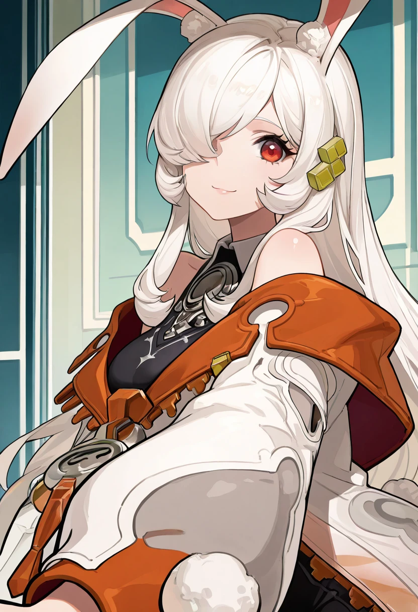 masterpiece, best quality, solo, curvy, beautiful eyes, narrow waist, wide hips, 1girl, solo, smile, looking at viewer, foreshortening, close up, zzKira, red eyes, hair over one eye, white hair, long hair, rabbit ears, bare shoulders, collared shirt, off shoulder, black shirt, sleeveless shirt, white jacket, pantyhose, ,<lora:KiraFateTrigger_IXL:1.0>, upper body, side view, smile, looking at viewer, shiny skin,