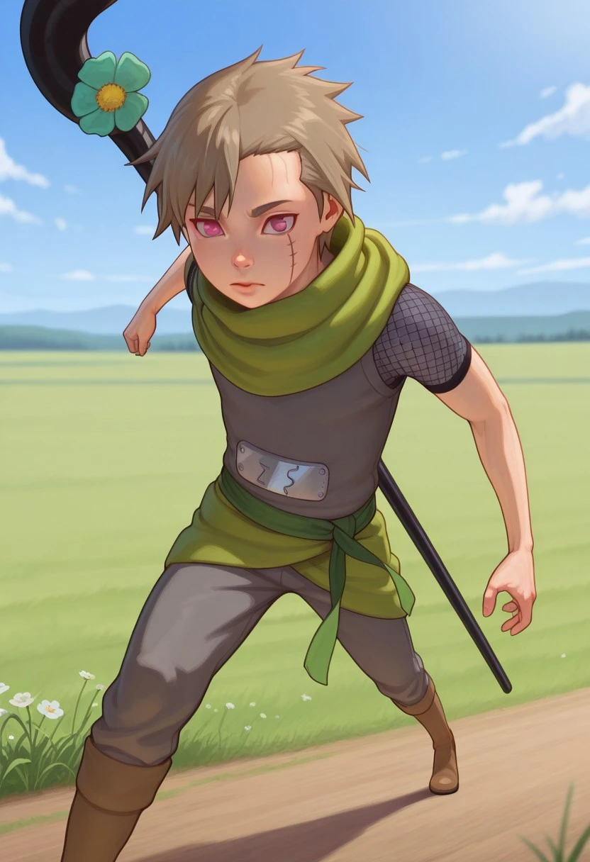 masterpiece, high quality, best quality, amazing quality, very aesthetic, absurdres, ultra-detailed, extremely detailed, realistic, volumetric lighting, (male focus, male only), day, depth of field, JackDraws, solo,
1boy, Yagura, Pink Eyes, Brown Hair, Scar under eye, Scarf, Grey Sleeveless vest, short sleeve fishnet shirt, green sash belt, Green half skirt, grey pants, brown boots, Holding staff, black staff, holding weapon, hooked staff, flower, action pose, dynamic pose, masterpiece, best quality, amazing quality, very aesthetic, absurdres, newest, very awa, nude, cute boy, lean, athletic, runner build, photo-realistic detail, atmosphere focused, expressive lighting