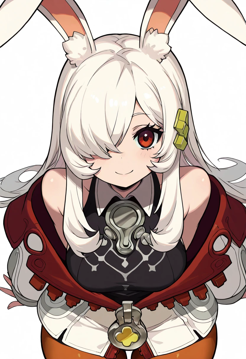 masterpiece, best quality, solo, curvy, beautiful eyes, narrow waist, wide hips, 1girl, solo, smile, looking at viewer, foreshortening, close up, zzKira, red eyes, hair over one eye, white hair, long hair, rabbit ears, bare shoulders, collared shirt, off shoulder, black shirt, sleeveless shirt, white jacket, pantyhose, ,<lora:KiraFateTrigger_IXL:1.0>, , smile, looking at viewer, cowboy shot, <lora:ZankuroIXLLight_v2:0.8>,