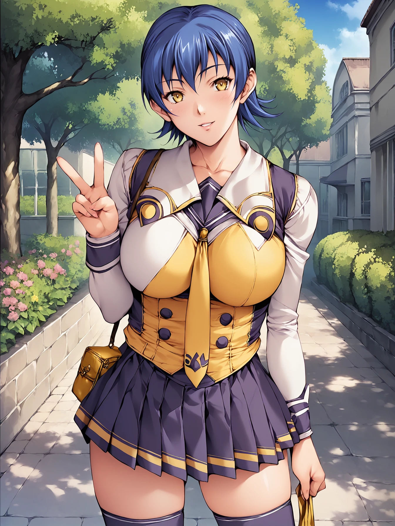 score_9, score_8_up, score_7_up, score_6_up, source_anime, game cg,
miyagishi yuuki, 1girl, feet out of frame, solo, holding bag, V, handbag, cowboy shot,
looking at viewer, blush, parted lips, smile, head tilt,
blue hair, short hair, yellow eyes,
purple school uniform, two-tone jacket, necktie, pleated skirt, purple thighhighs, yellow trim,
large breasts, thighs, curvy,
outdoors, blue sky, day, sidelighting, shadow, tree, garden, building, detailed background
<lora:miyagishi yuuki PonyV6:1>