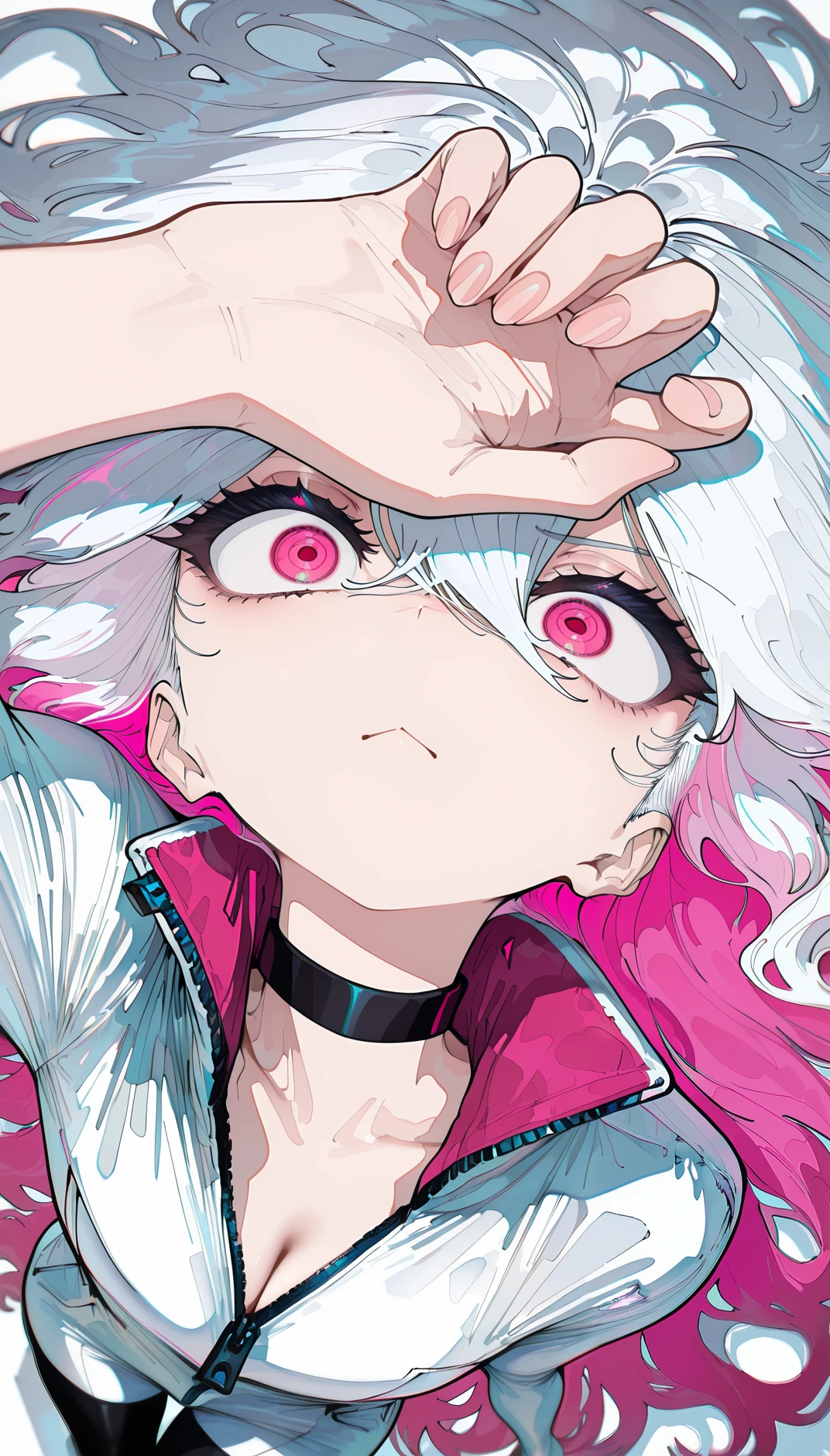 masterpiece, best quality, amazing quality, very aesthetic, absurdres,  newest, scenery,
,  :<, angry,, Lying with one arm over the eyes, upper body, from above, , PinkManiac, 1girl, very long hairs, secret two-tone hair, colored inner hair,white hair, pink hair, pink eyes, white jumpsuit, black choker, white hands, black legs,  cleavage, zipper,
, animated, dynamic angle, close-up,portrait, fisheye lens, detailed face,colorful, close-up, masterpiece, best quality, amazing quality, very aesthetic, absurdres, newest, scenery, volumetric lighting