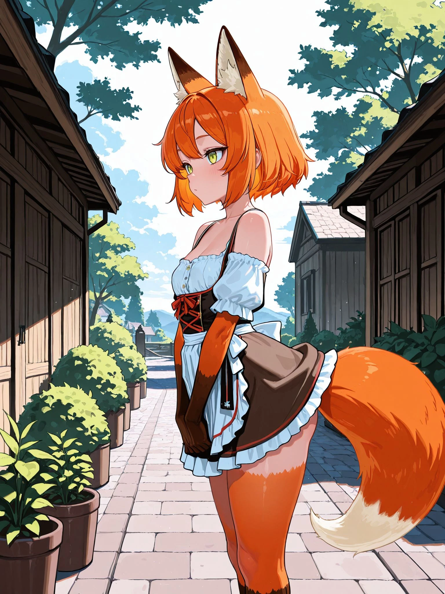 best quality, masterpiece, sharp resolution, high definition, ultra detailed, 8k, 1girl, solo, unc_roxsi, orange hair, orange fur, animal ears, fox tail, (furry forearms, furry calves:0.5), dirndl, bare thighs, bare chest, playing outdoors, <lora:Roxsi_OC:0.8>